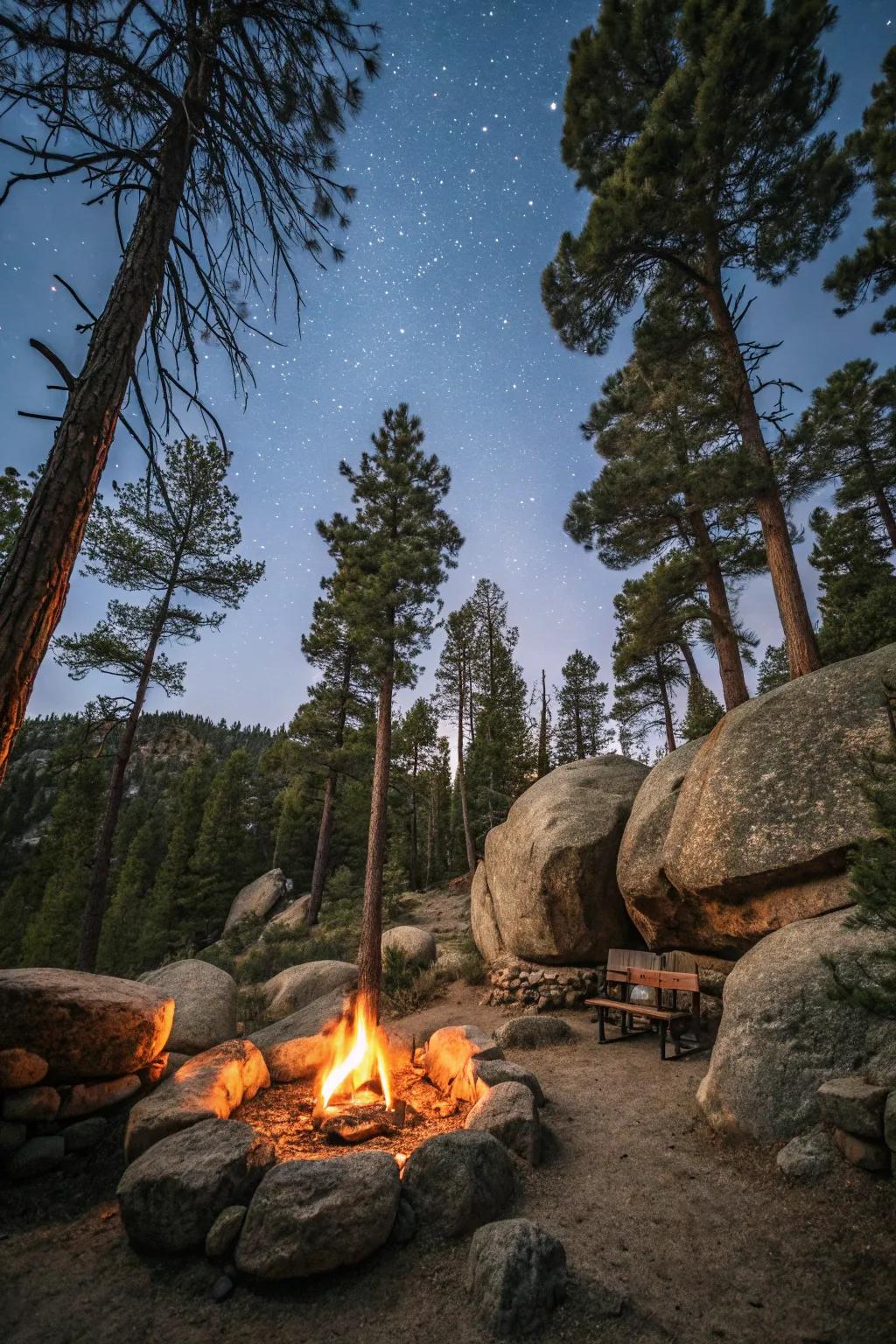 Woodland retreat vibes with forest-inspired boulders.