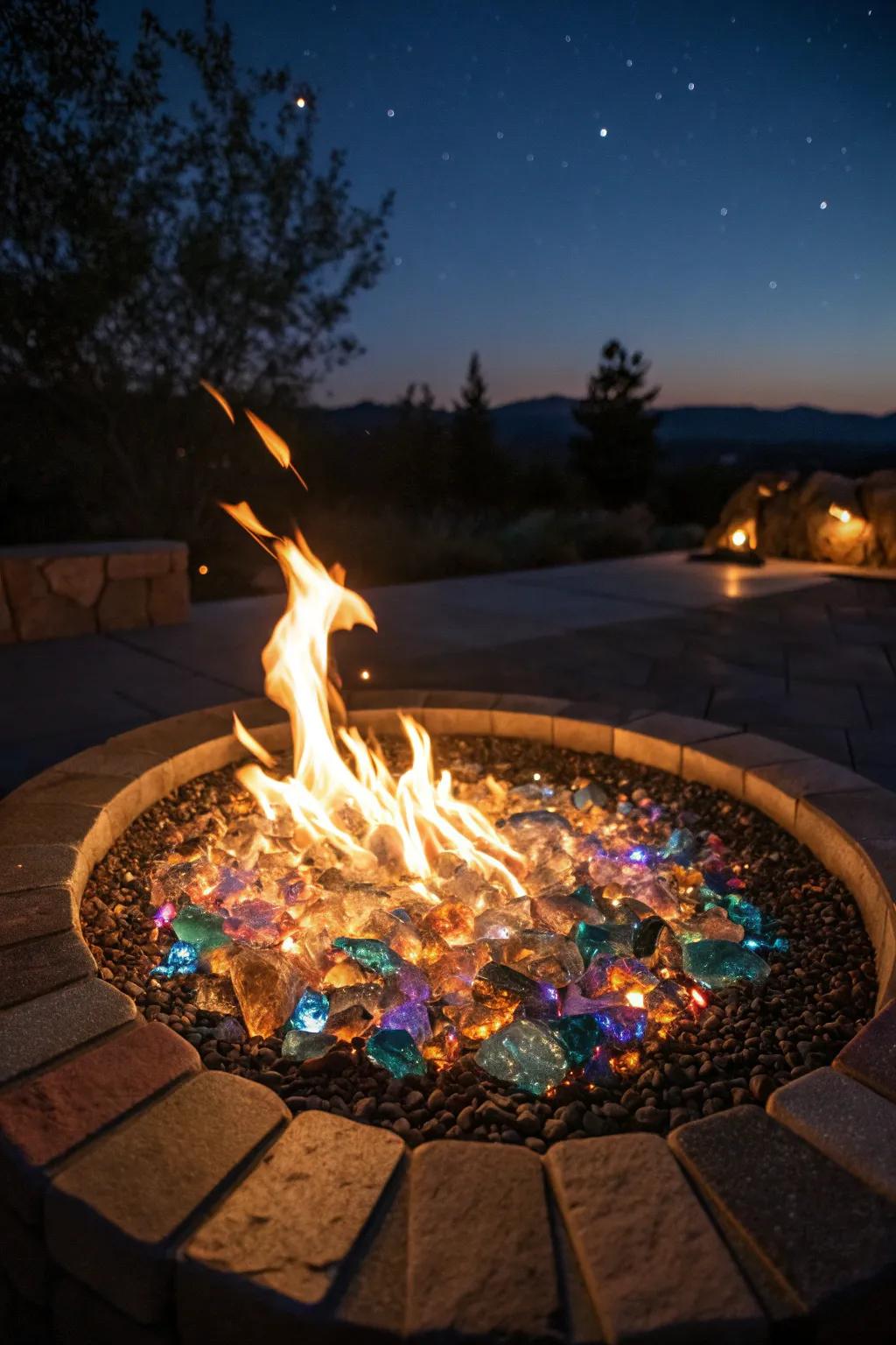 Boulder and fire glass fusion for a sparkling effect.