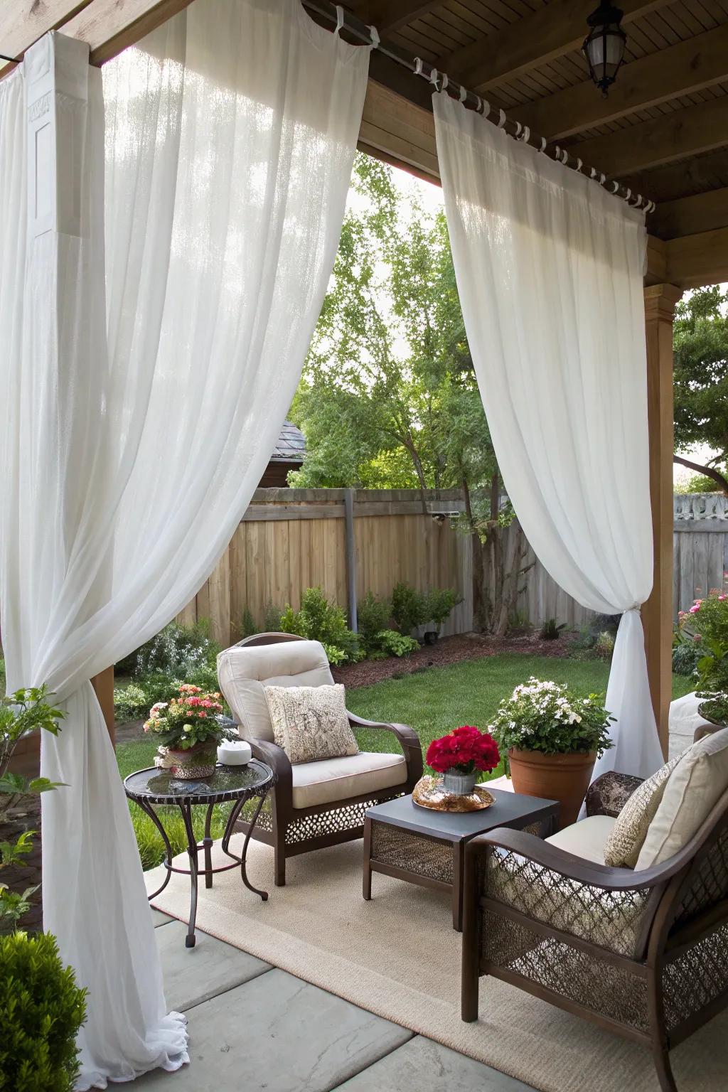 Soft outdoor curtains offer privacy and elegance.