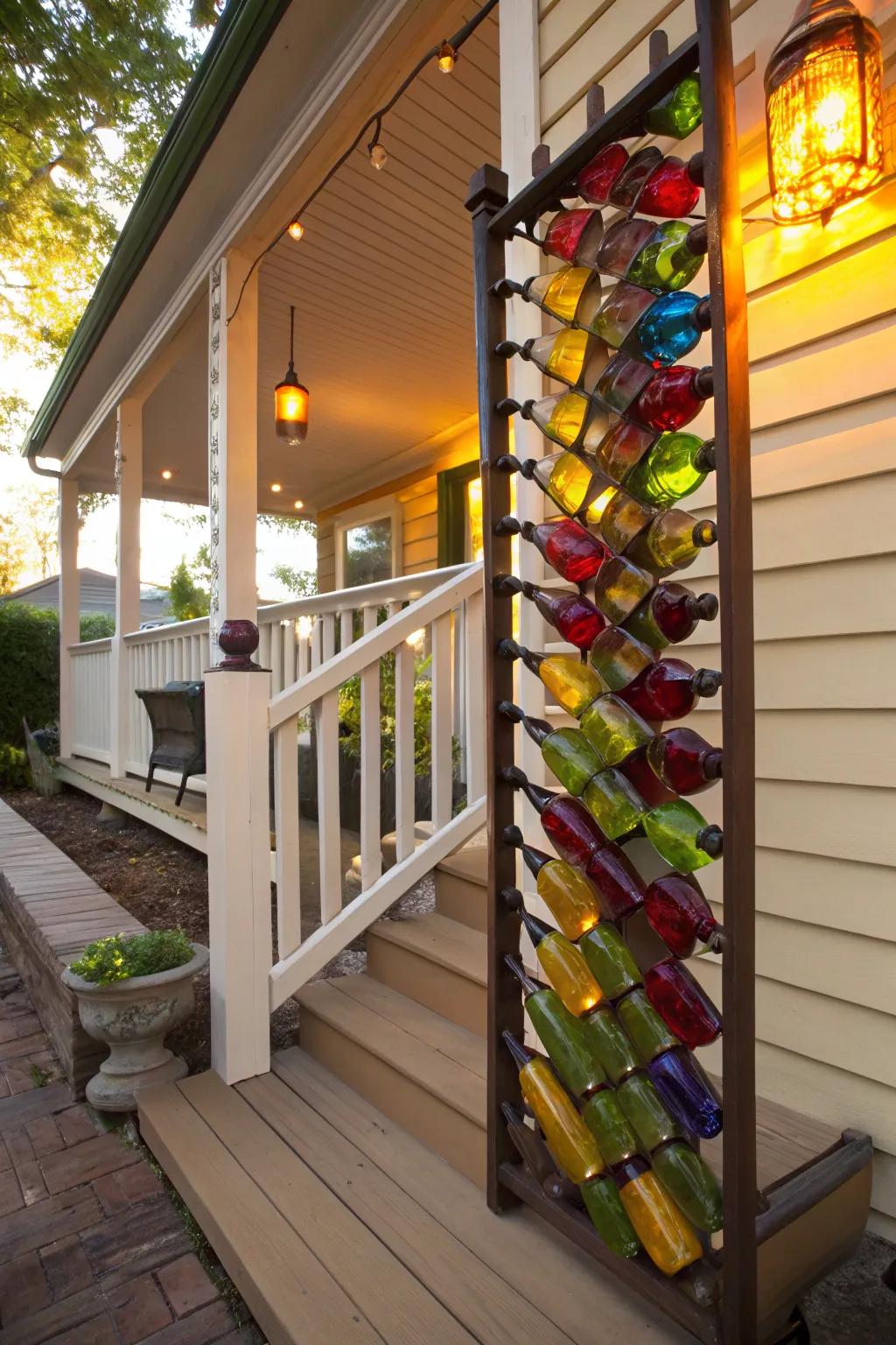 Wine bottles create a colorful and unique porch divider.