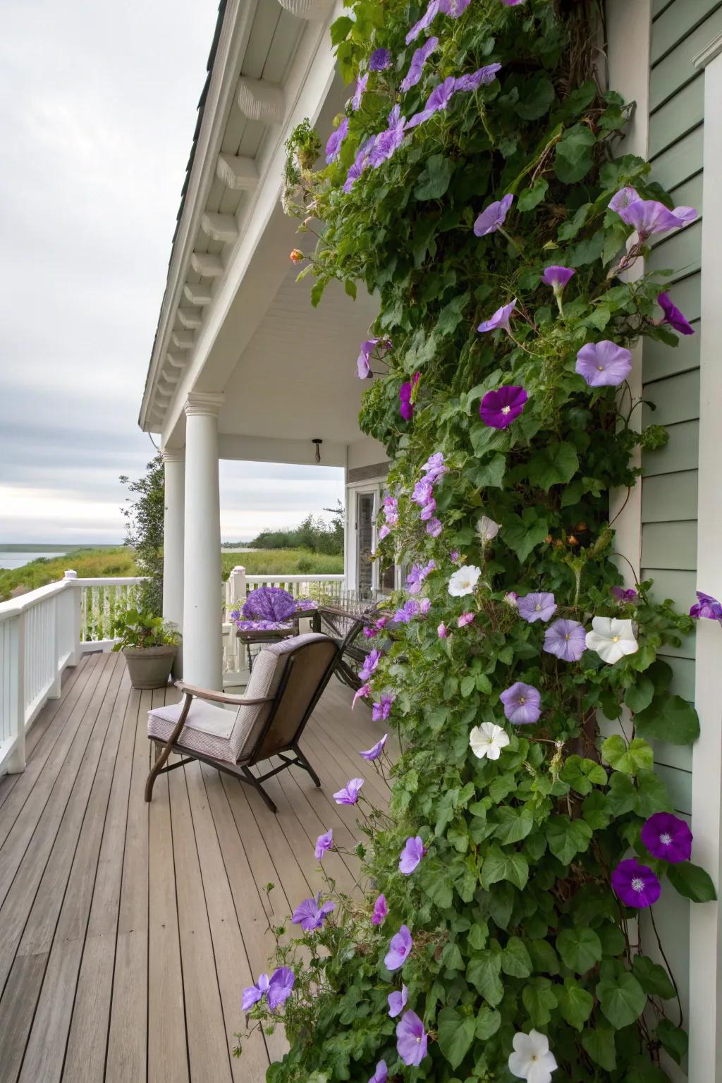 Vibrant morning glories providing a natural divider.