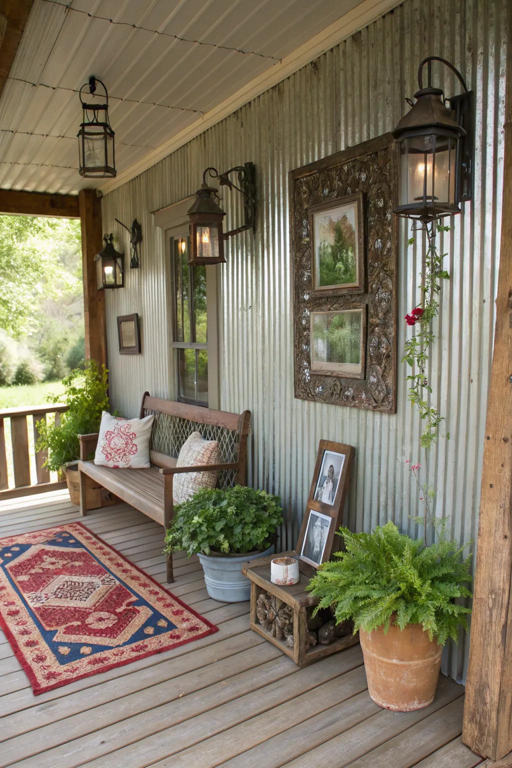 Tin walls create a bold, rustic look on the porch.