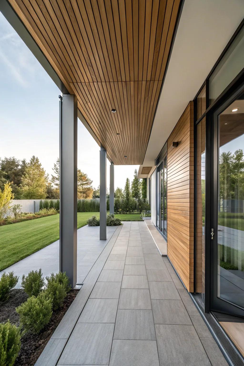 Mixed materials create a modern and striking porch divider.