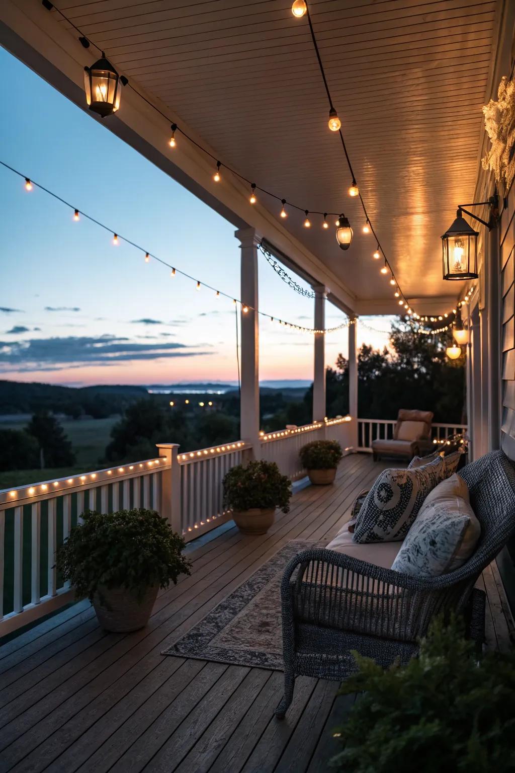 Ambient lighting adds a touch of magic to porch dividers.