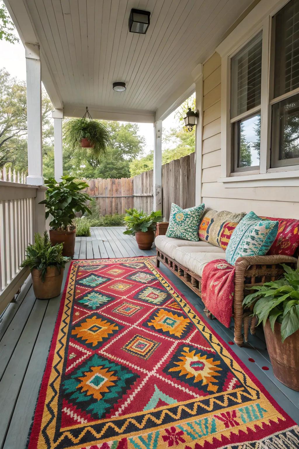 Rugs and textiles bring texture and warmth to the porch.