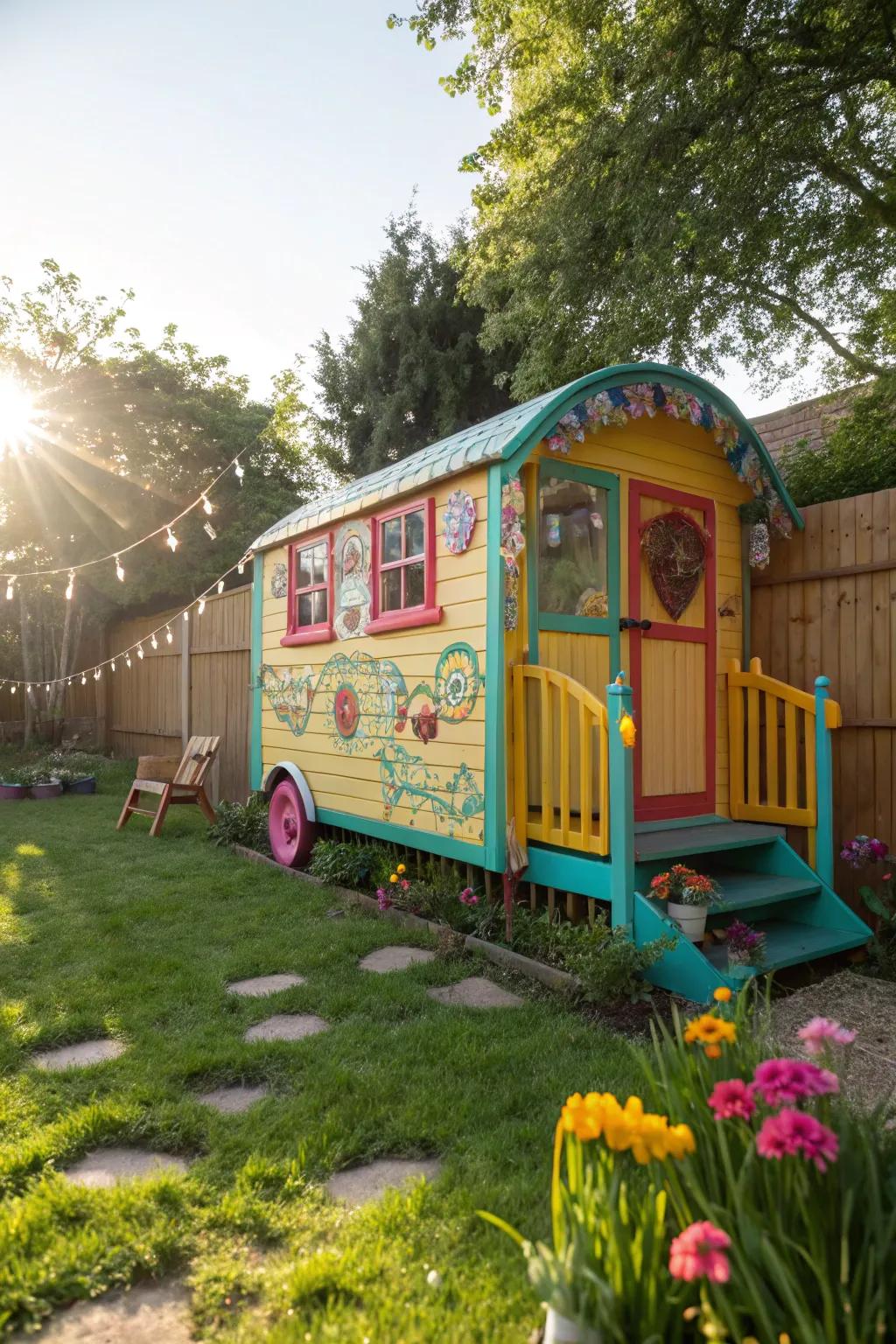 A colorful caravan playhouse for imaginative journeys.