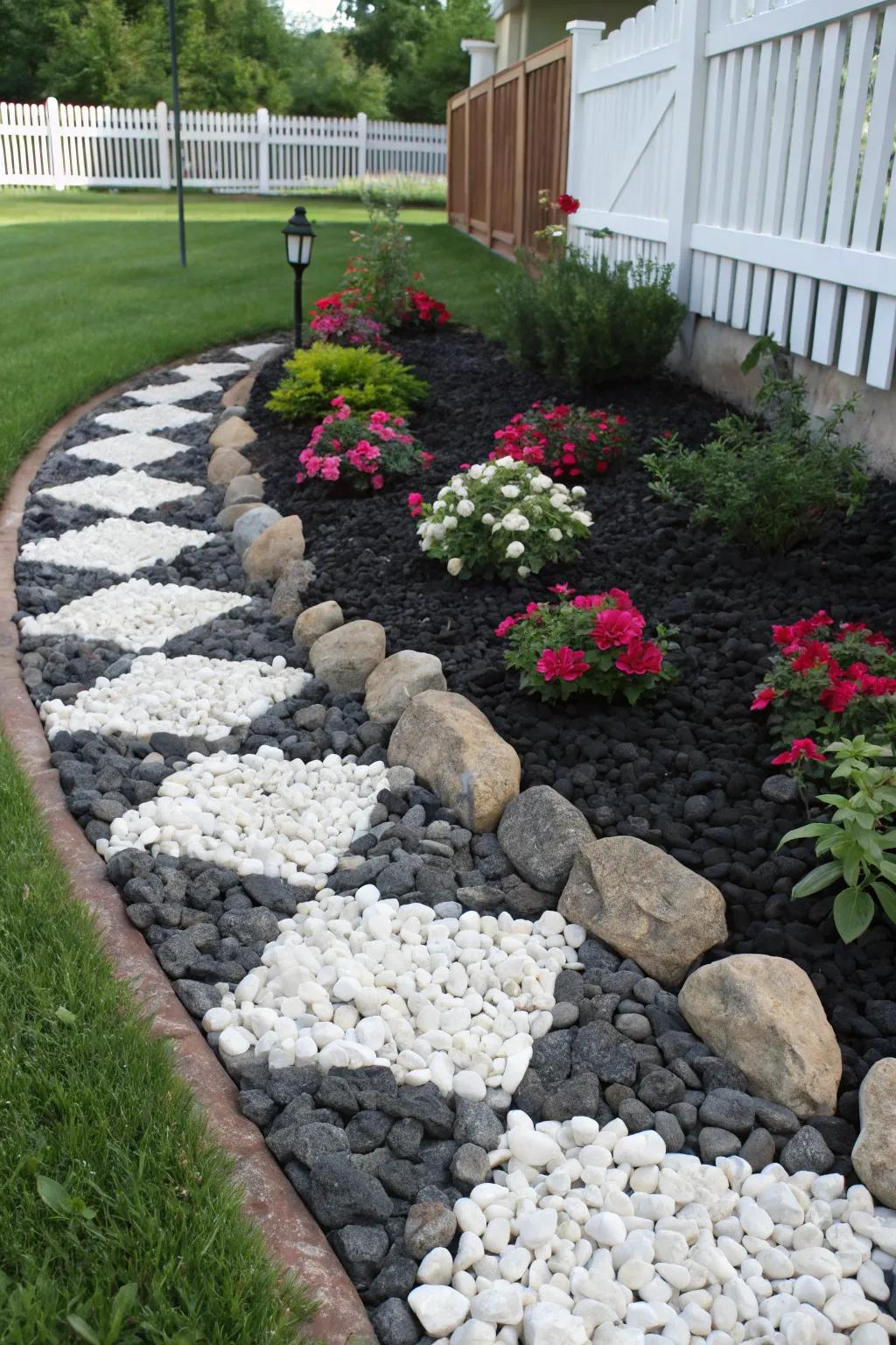 A striking mix of black and white rocks, creating visual contrast with vibrant plants.