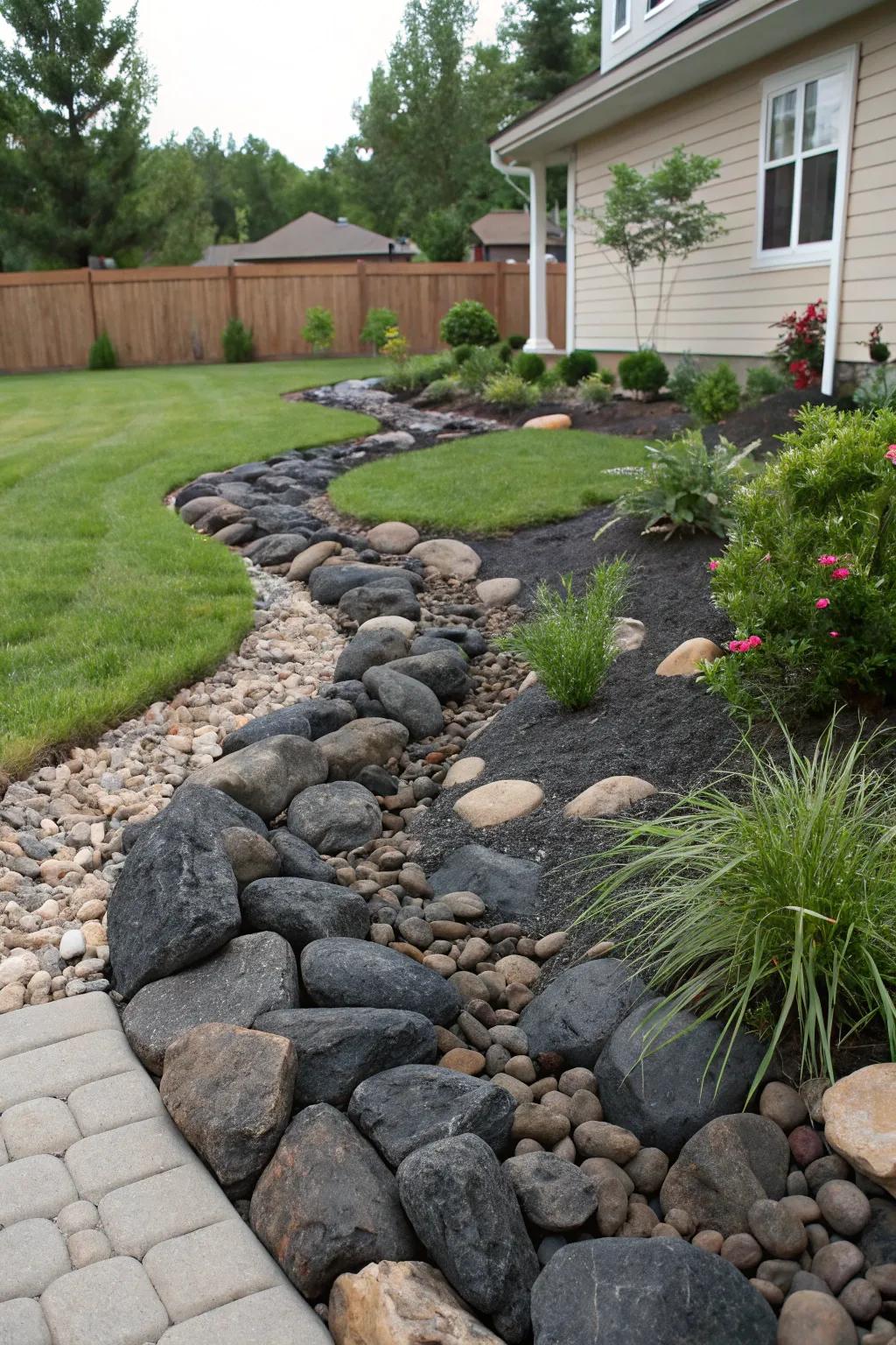 A natural-looking dry riverbed crafted from black rocks.