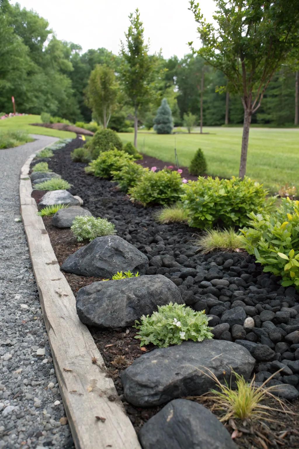 Black rocks used as a modern and practical alternative to traditional mulch in planting beds.