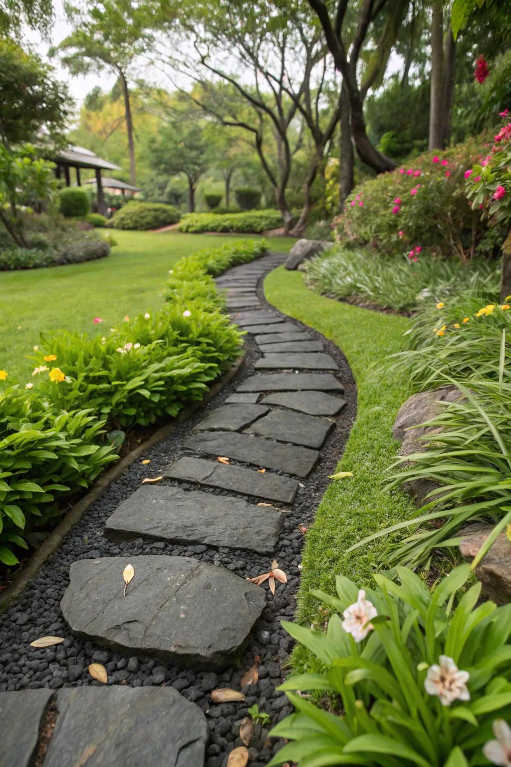 A sleek garden pathway lined with black rocks, creating a stylish route through the greenery.
