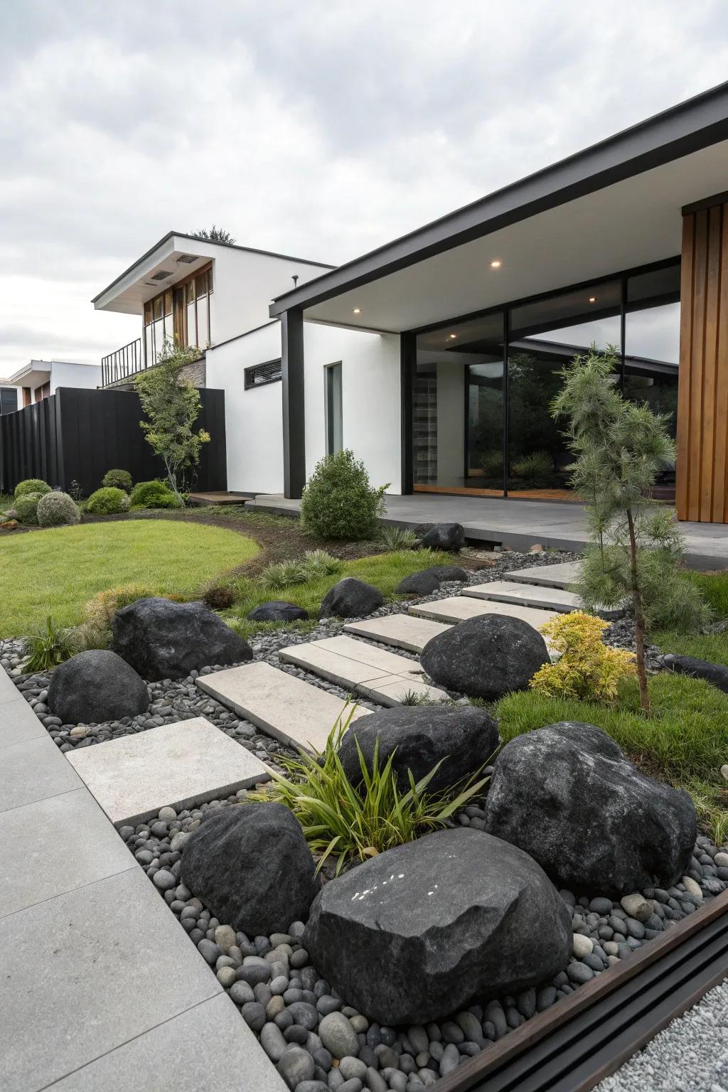A minimalist front yard design using black rocks to complement modern architecture.