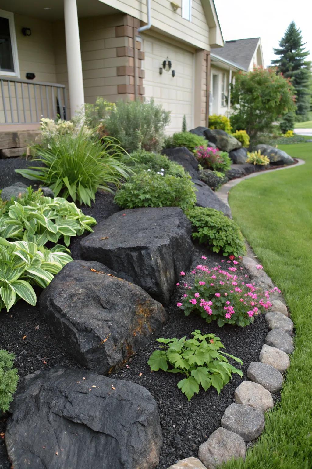 A harmonious integration of plants and black rocks, enhancing the front yard's natural beauty.