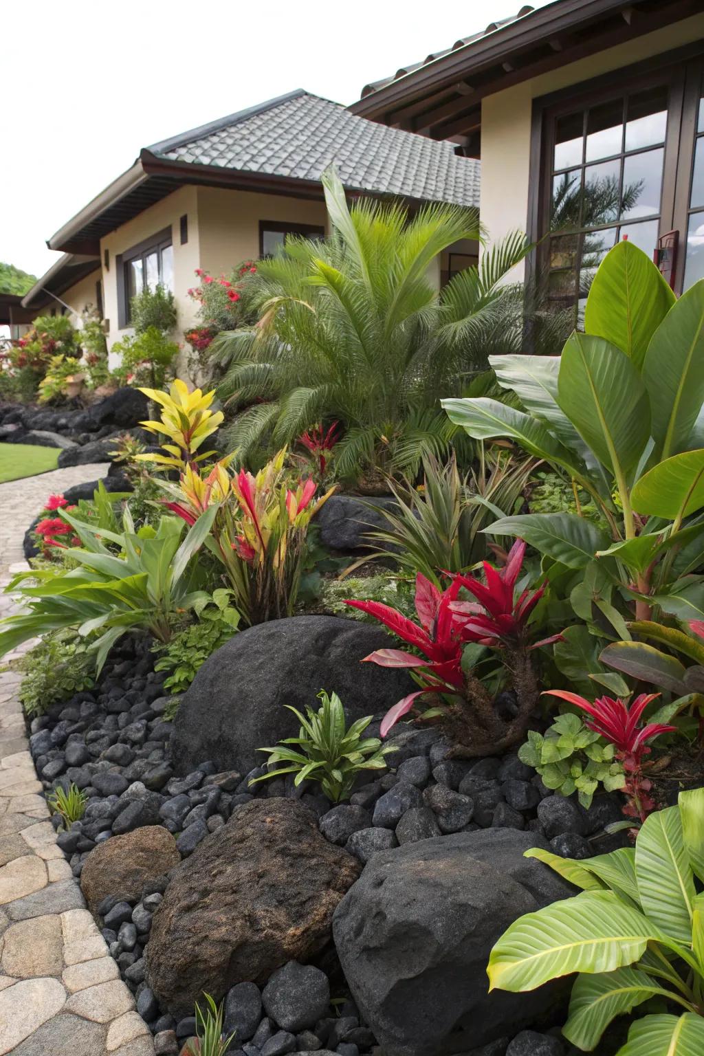 A tropical vibe created with lush plants and black landscape rocks.
