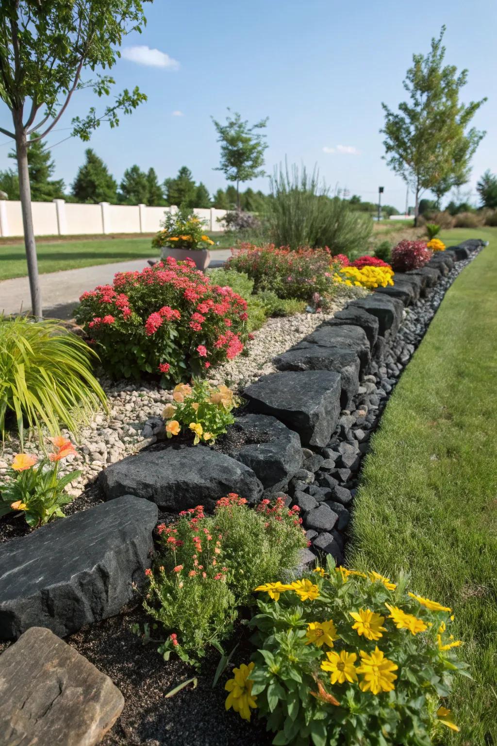 Decorative borders of black rocks beautifully accentuating vibrant garden beds.