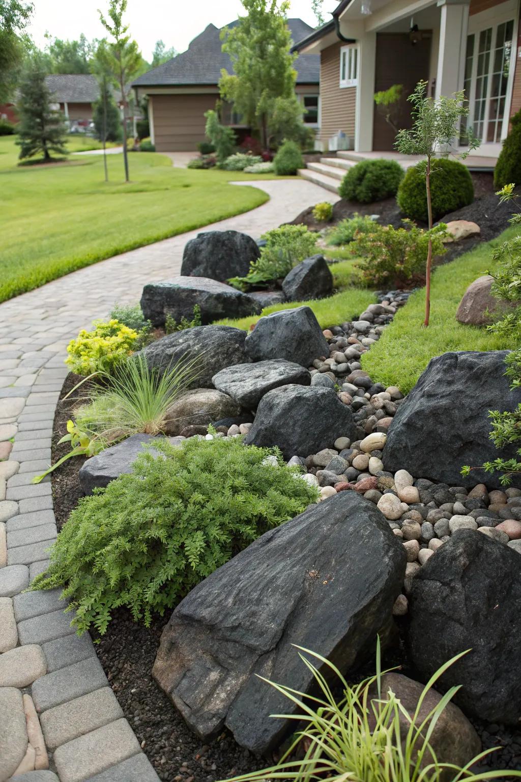 An elegant rock garden featuring different sizes of black rocks, adding texture to the front yard.
