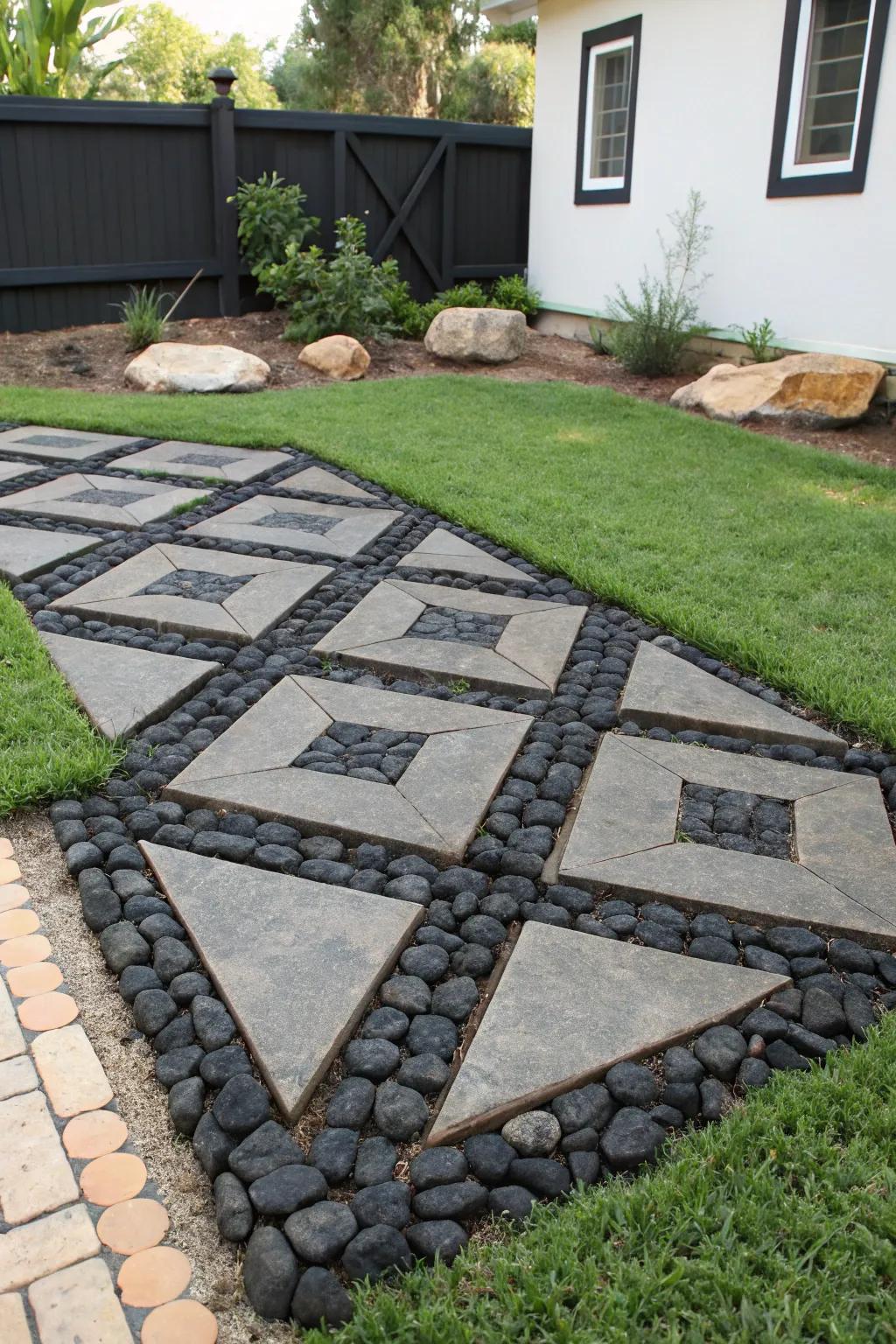 Modern geometric designs crafted with black rocks for an artistic yard.
