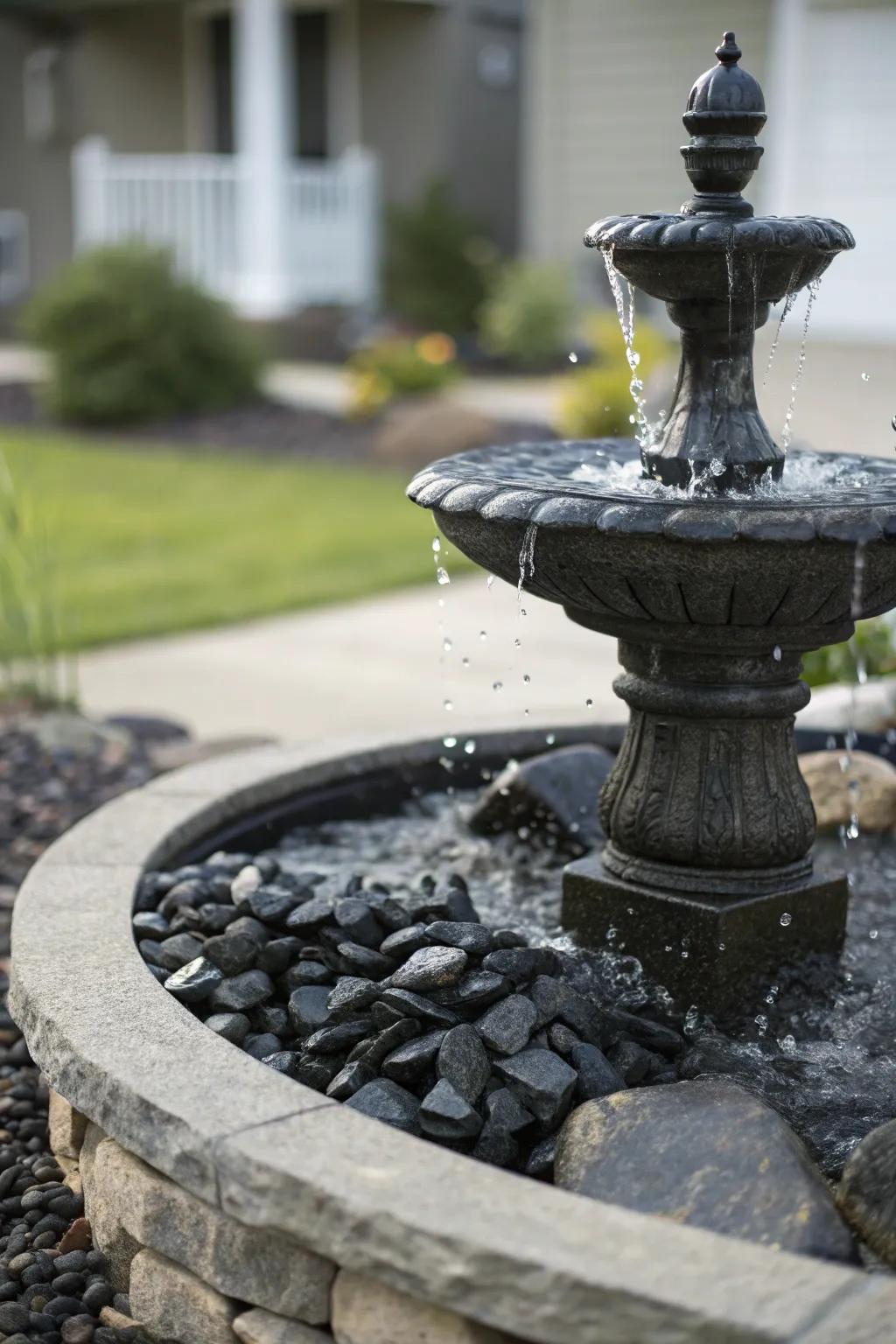 Black rocks highlighting a stunning water fountain, creating a focal point in the front yard.