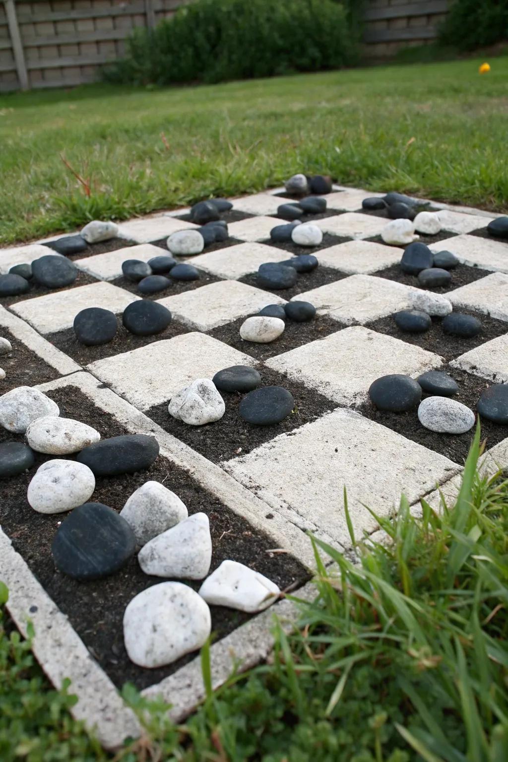 An eye-catching checkerboard pattern created with black and white rocks.