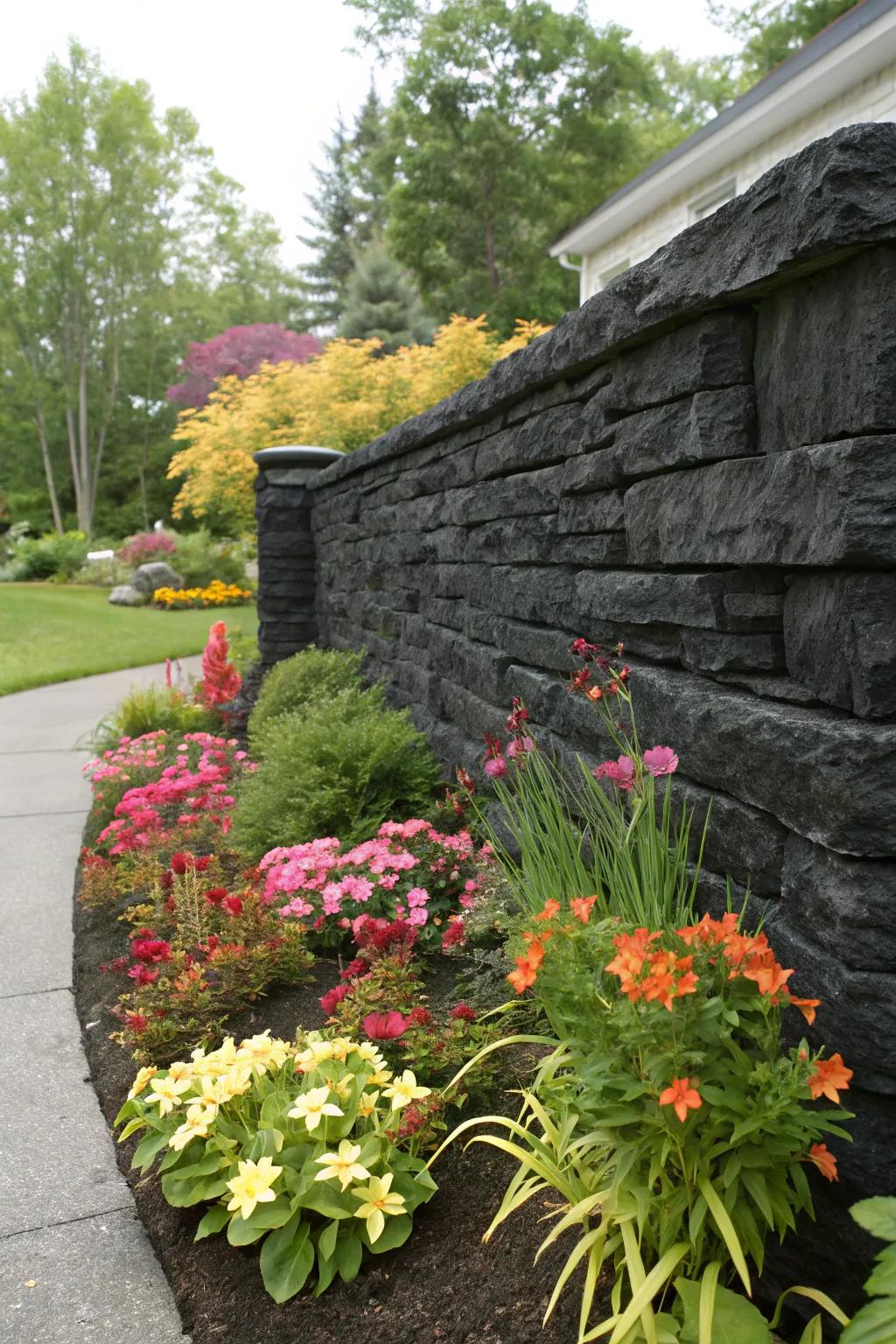 A bold black rock wall providing a stunning backdrop for colorful plants and flowers.