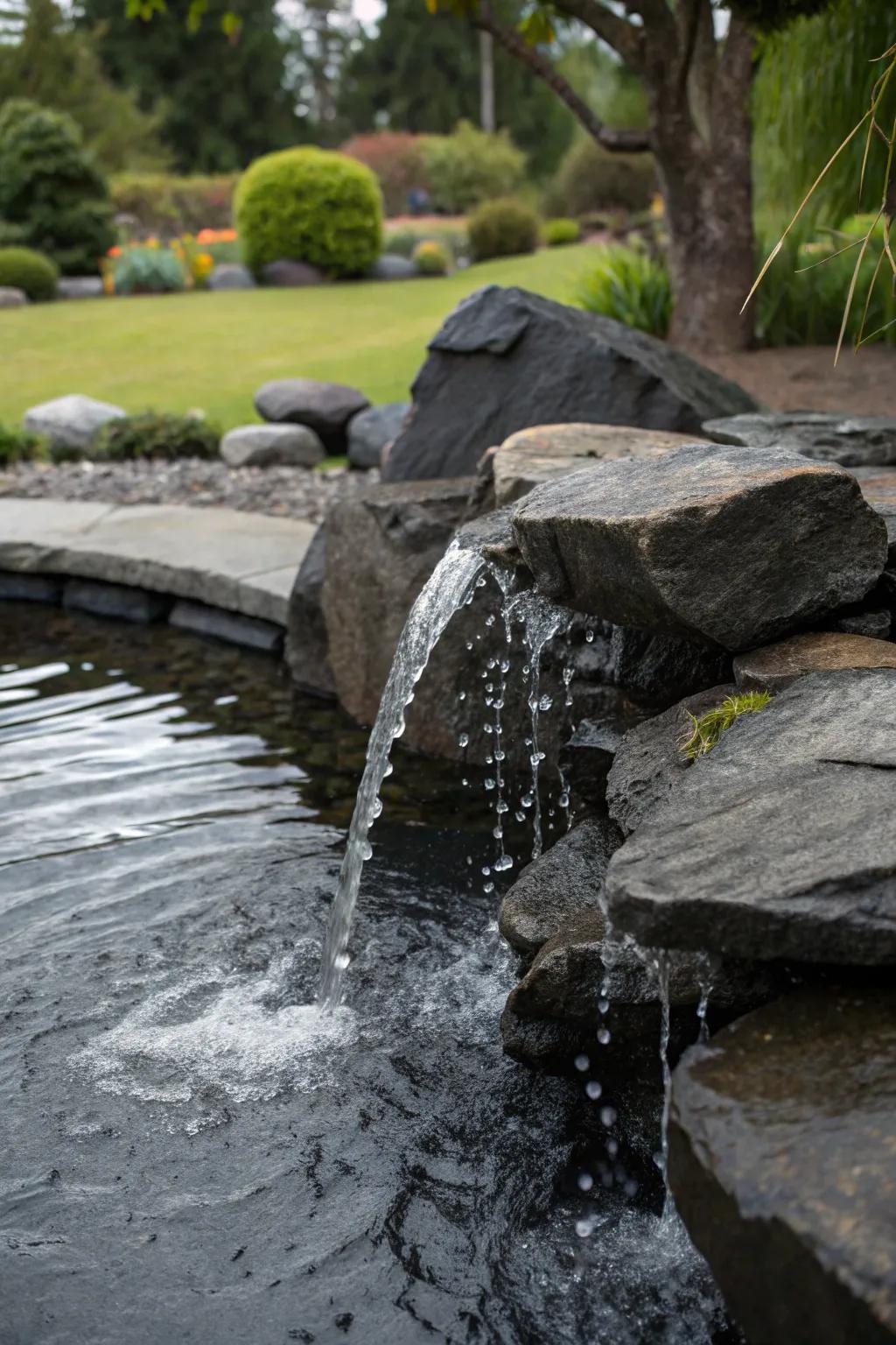 A dramatic water feature with water cascading over sleek black rocks.