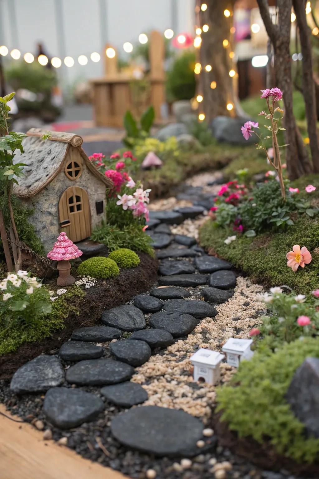 A whimsical fairy garden with black rock pathways and charming little structures.