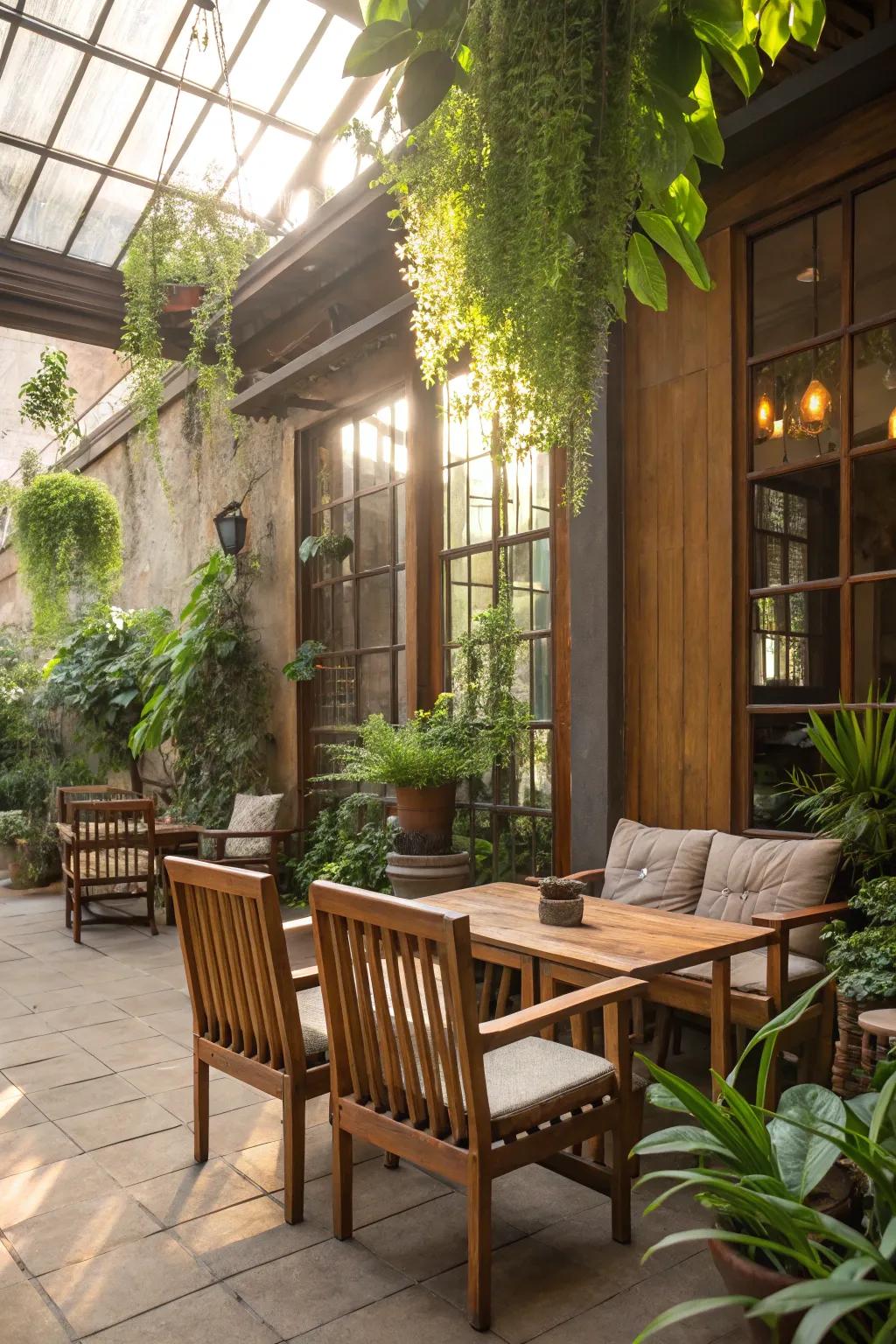 Wooden furniture and greenery create a natural indoor oasis.