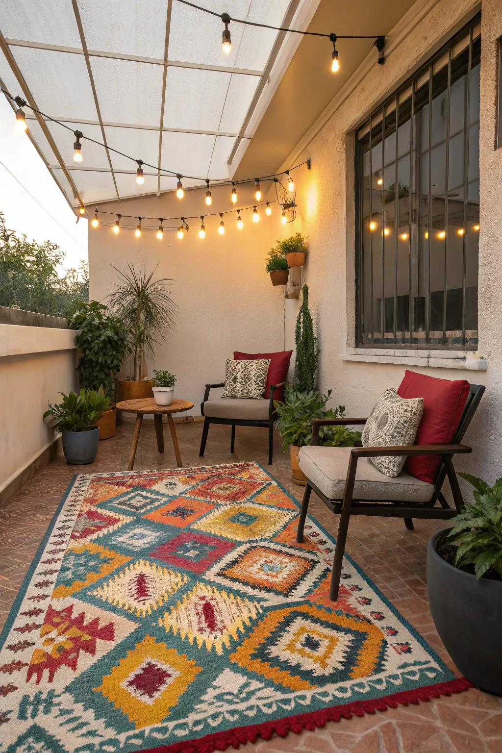 A well-chosen rug defines and warms your indoor patio space.