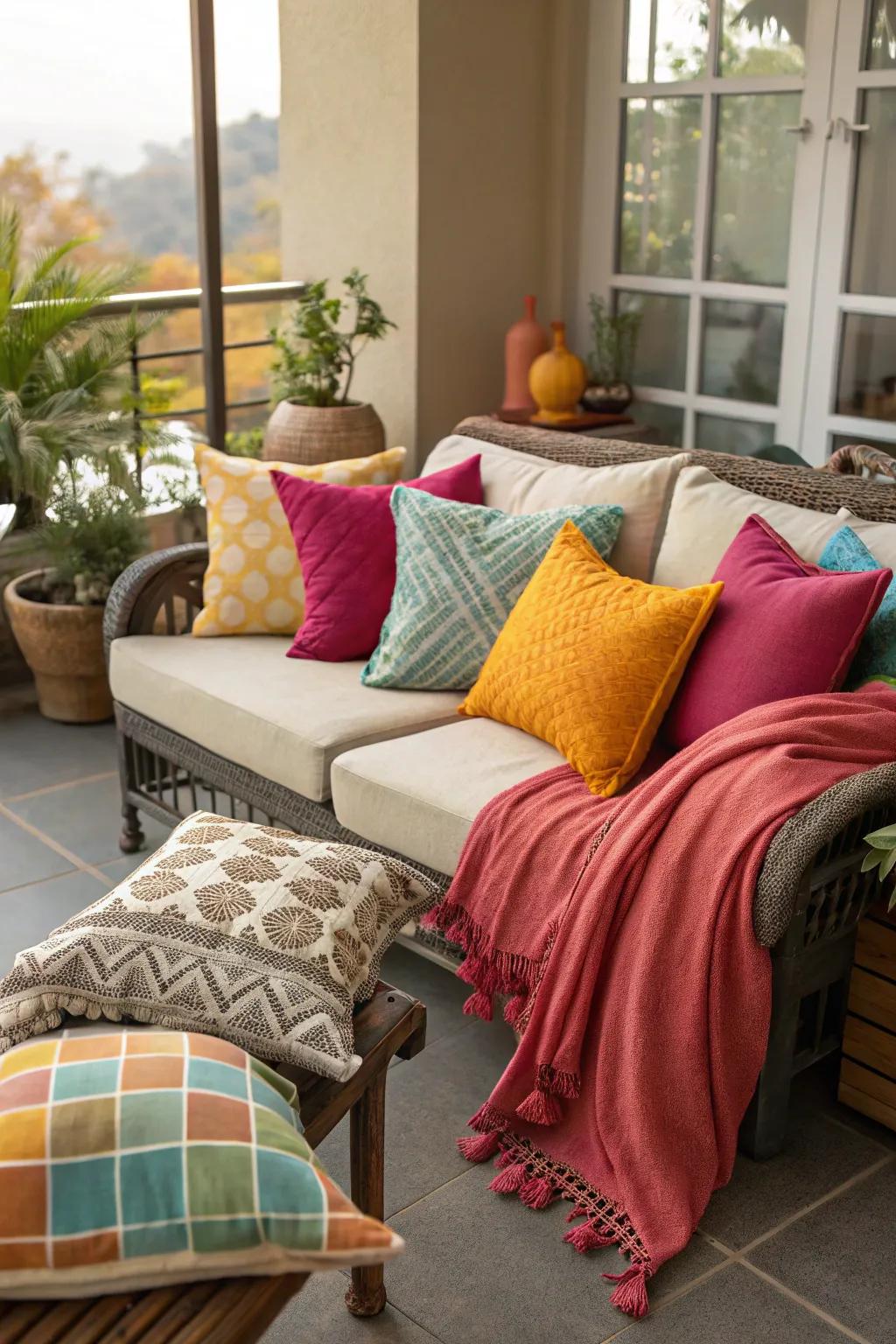 Textiles bring warmth and color to your indoor patio.