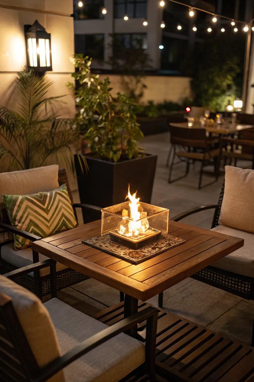 A fire element adds warmth and a cozy ambiance to your patio.