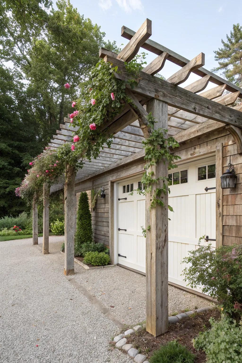 Reclaimed wood adds rustic charm to your garage pergola.