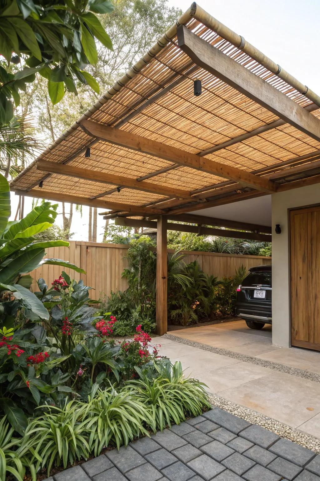 Textured roofing gives your pergola a tropical vibe.