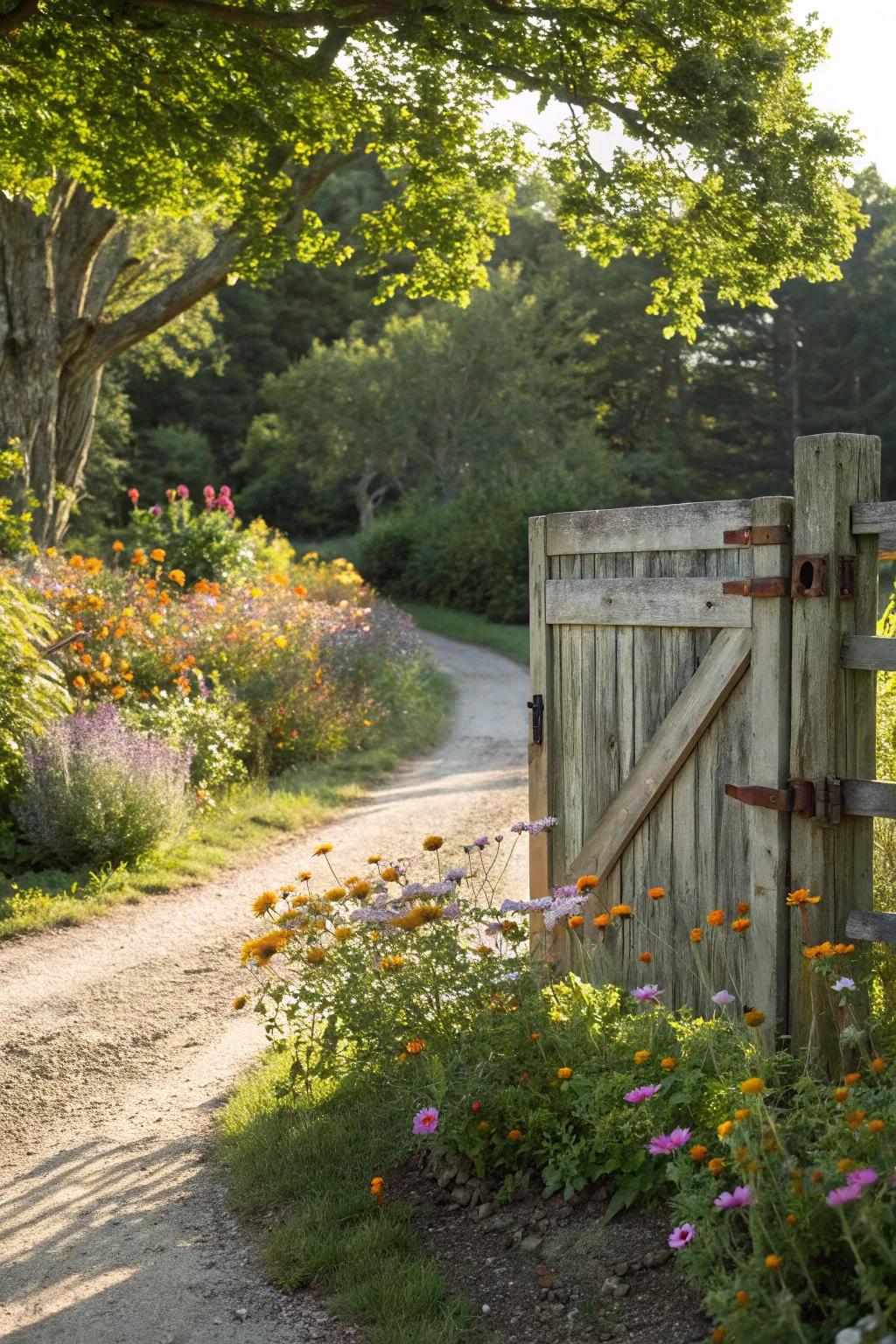 Weathered wood gates offer timeless charm