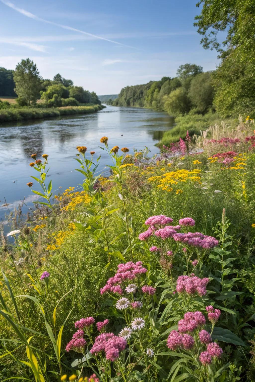 Vibrant blooms add a splash of color to the serene riverbank.