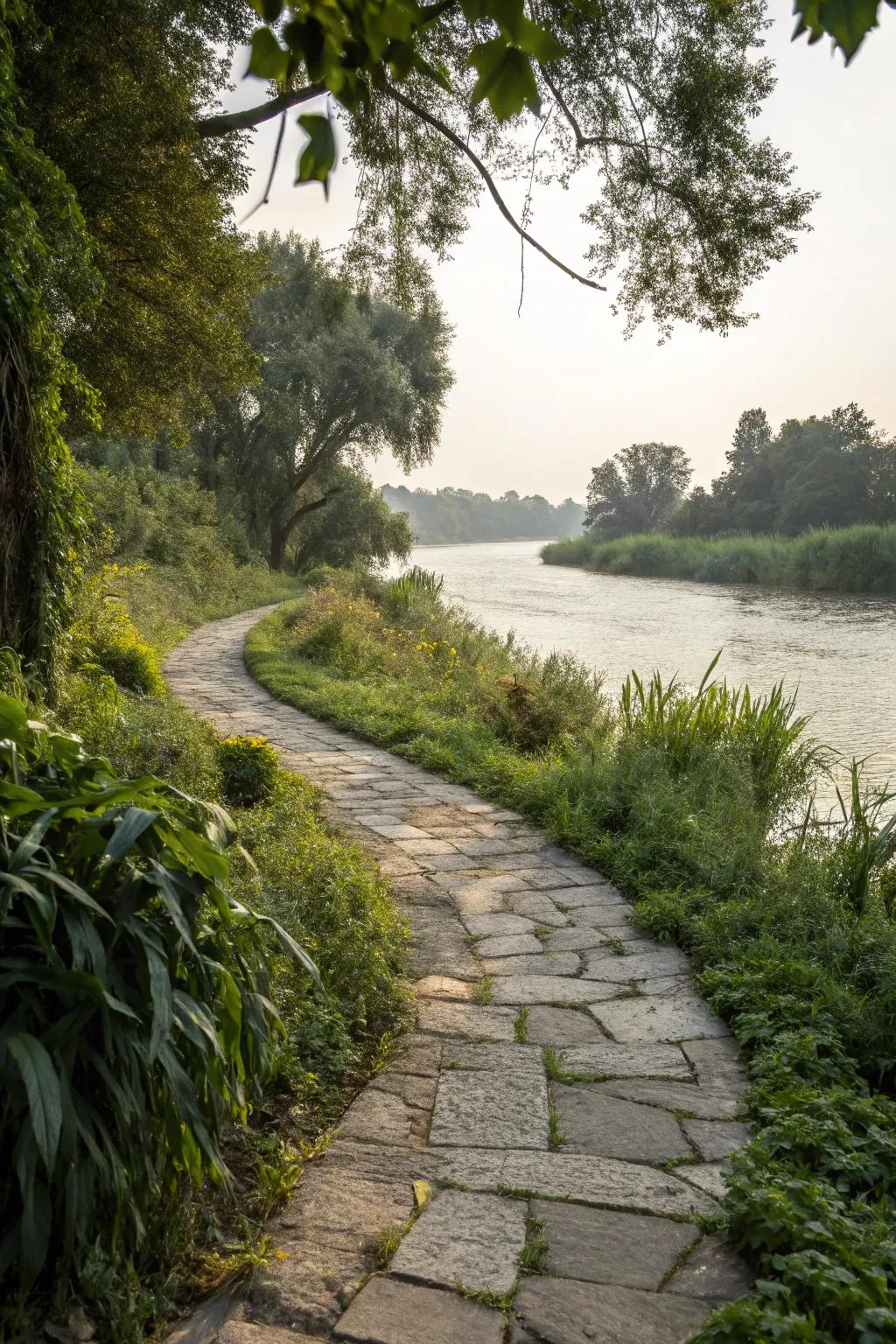 A winding stone pathway encourages exploration along the riverbank.