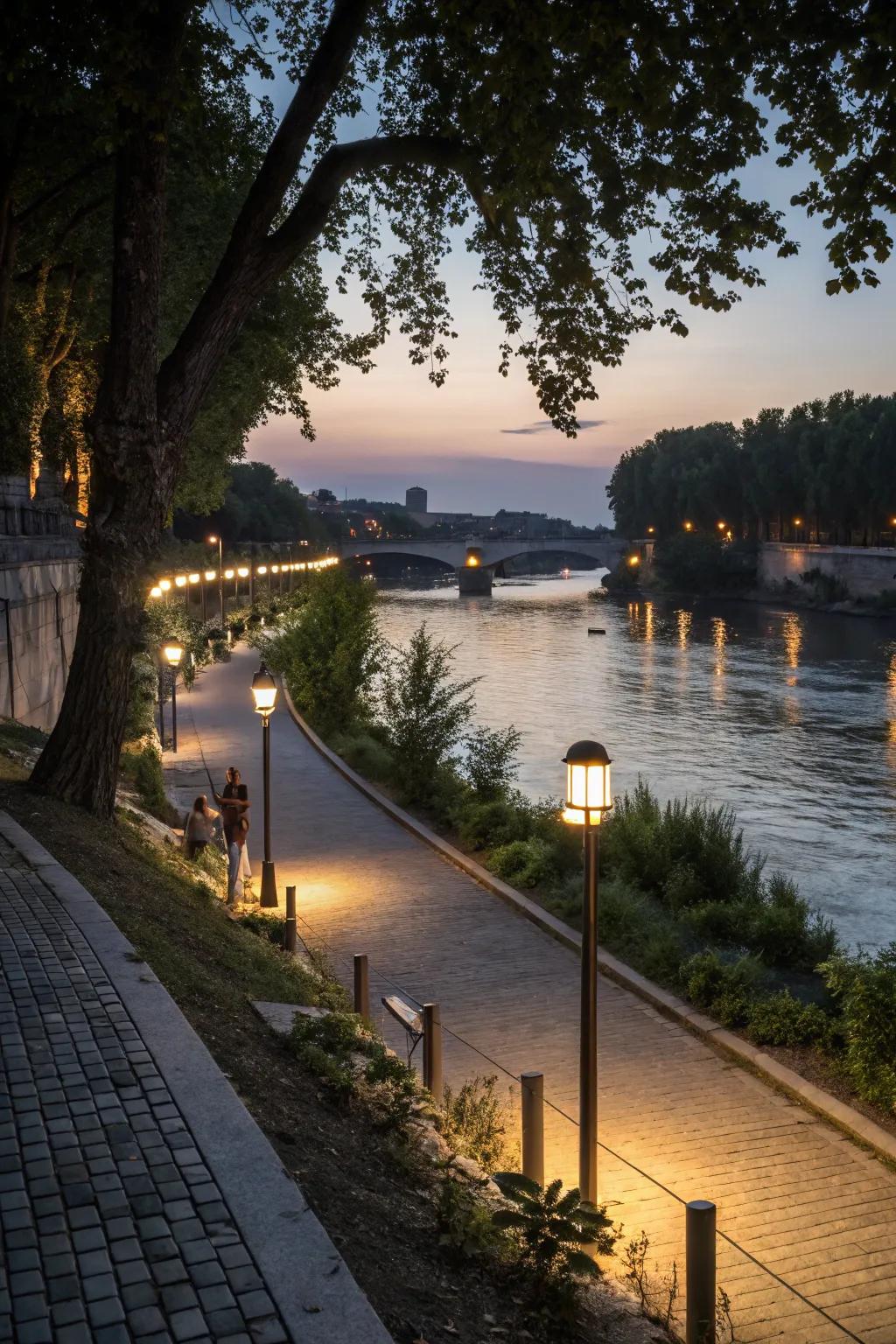Solar lights create an enchanting glow along the riverbank pathways.