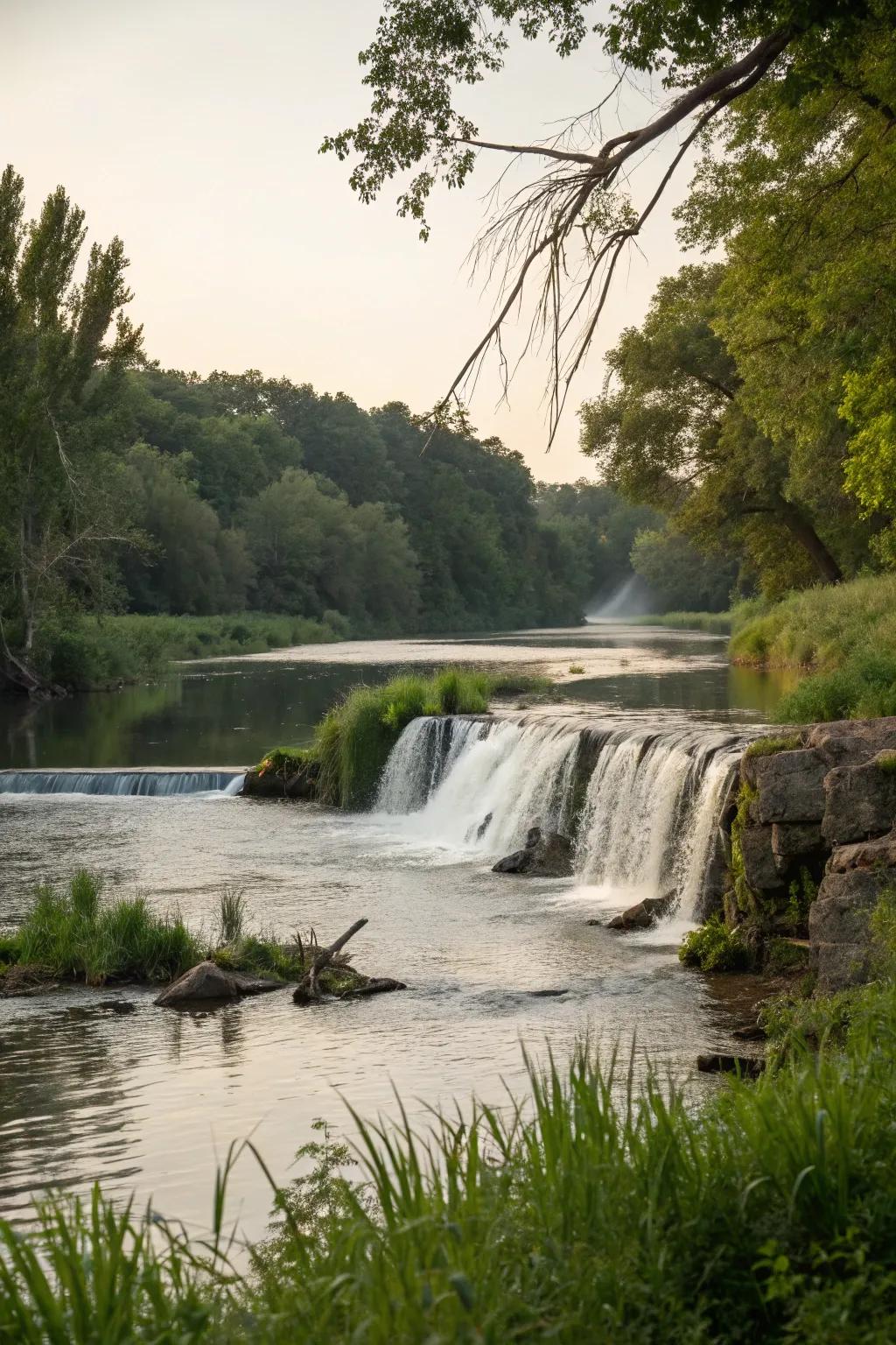 A gentle waterfall adds tranquility to the riverbank's natural beauty.