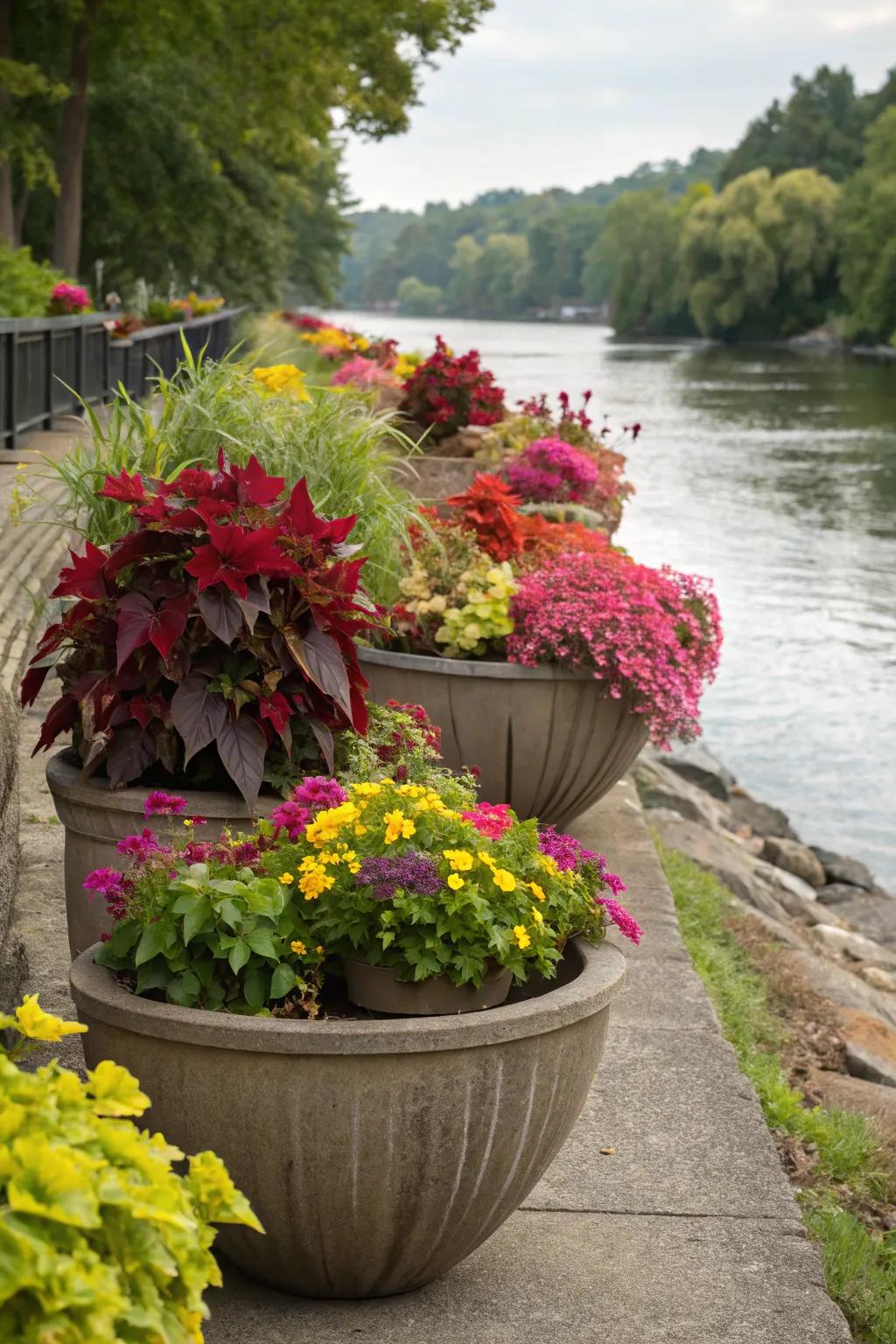 Containers offer a versatile planting solution for challenging riverbank terrain.