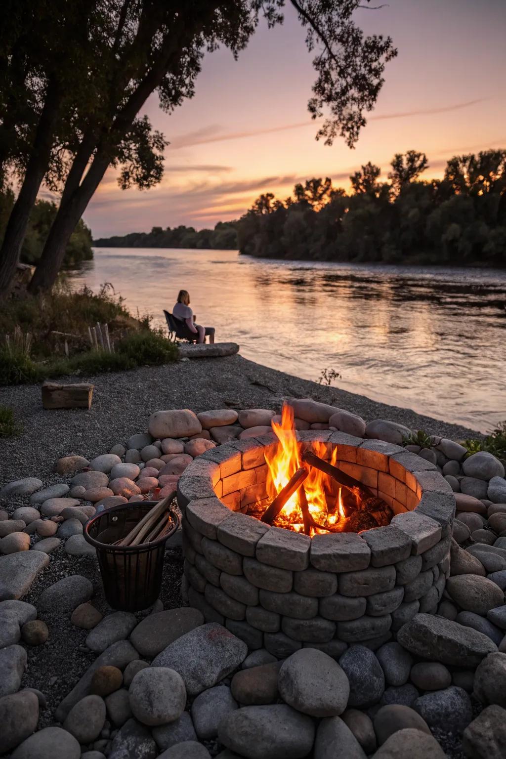 A stone fire pit creates a warm gathering space by the river.