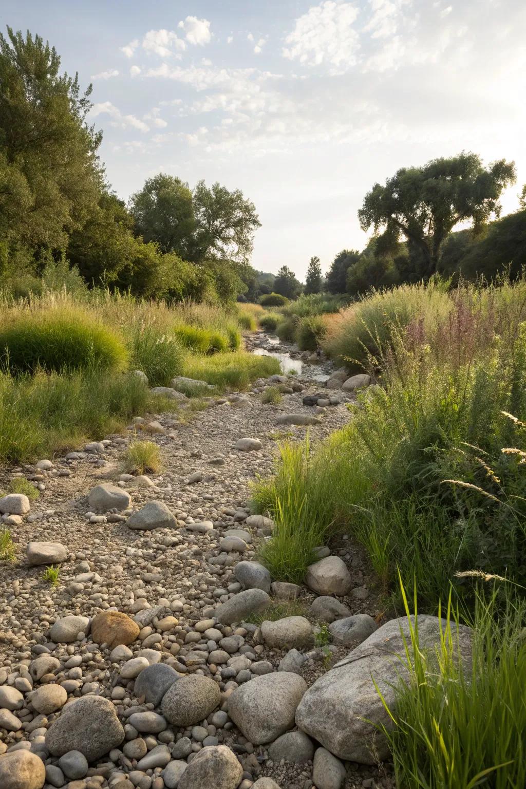 A dry river bed adds texture and functionality to the landscape.