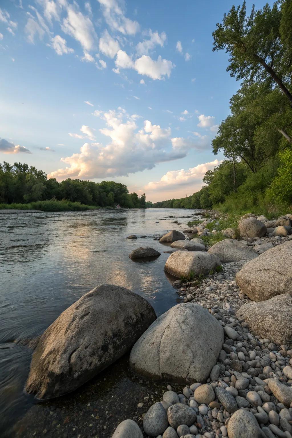Strategically placed boulders and pebbles create a naturally stunning riverbank.