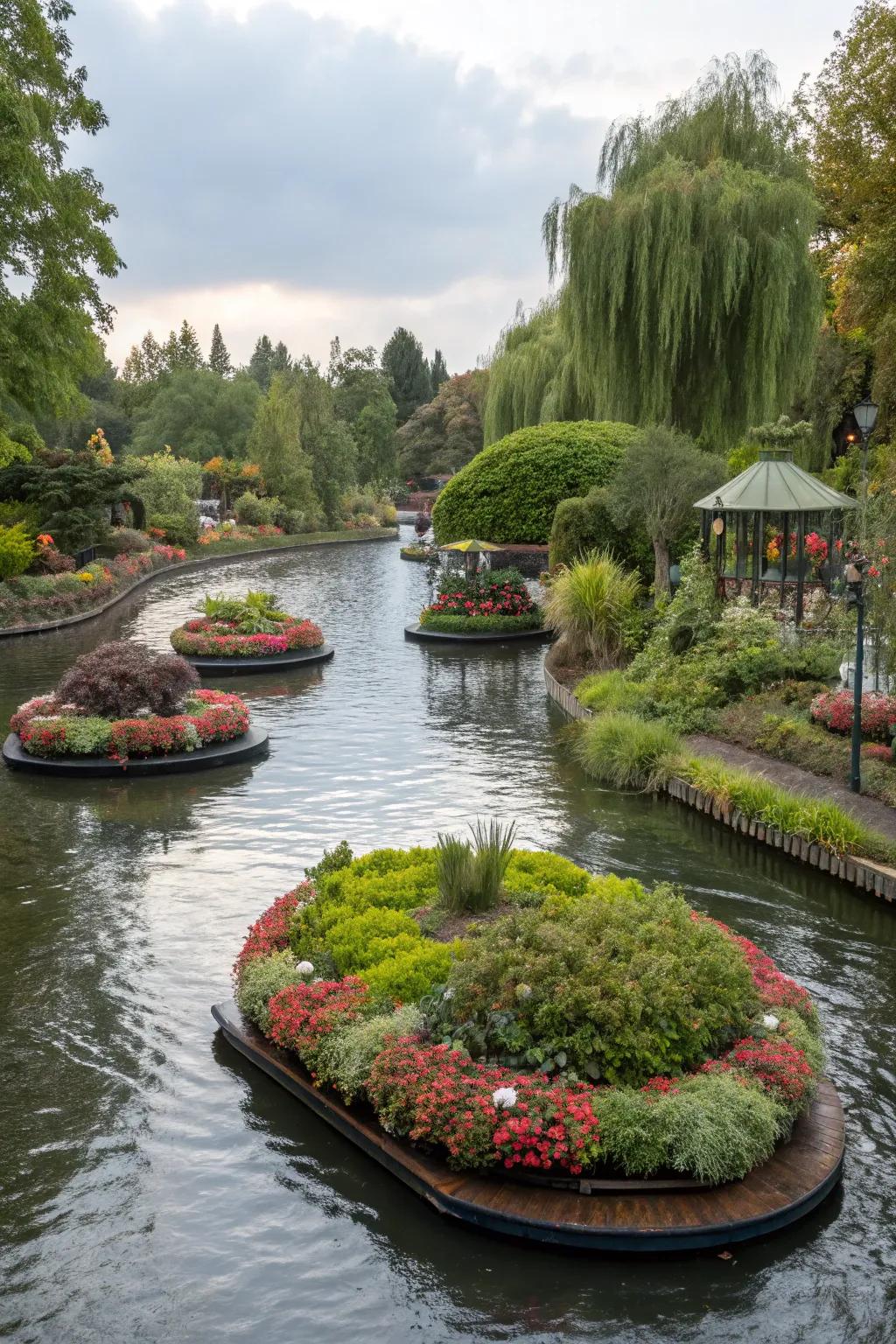 Floating plant islands add whimsy and function to the river landscape.
