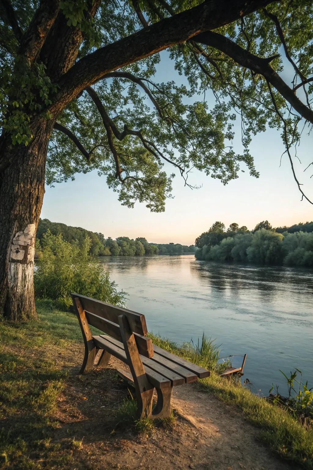 A cozy wooden bench offers the perfect spot to enjoy the river view.