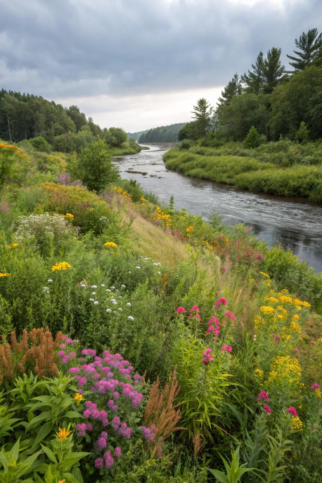 Native plants bursting with color and life along the riverbank.