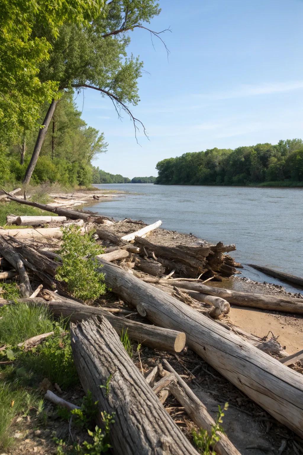 Wooden accents add rustic charm and character to the riverbank.