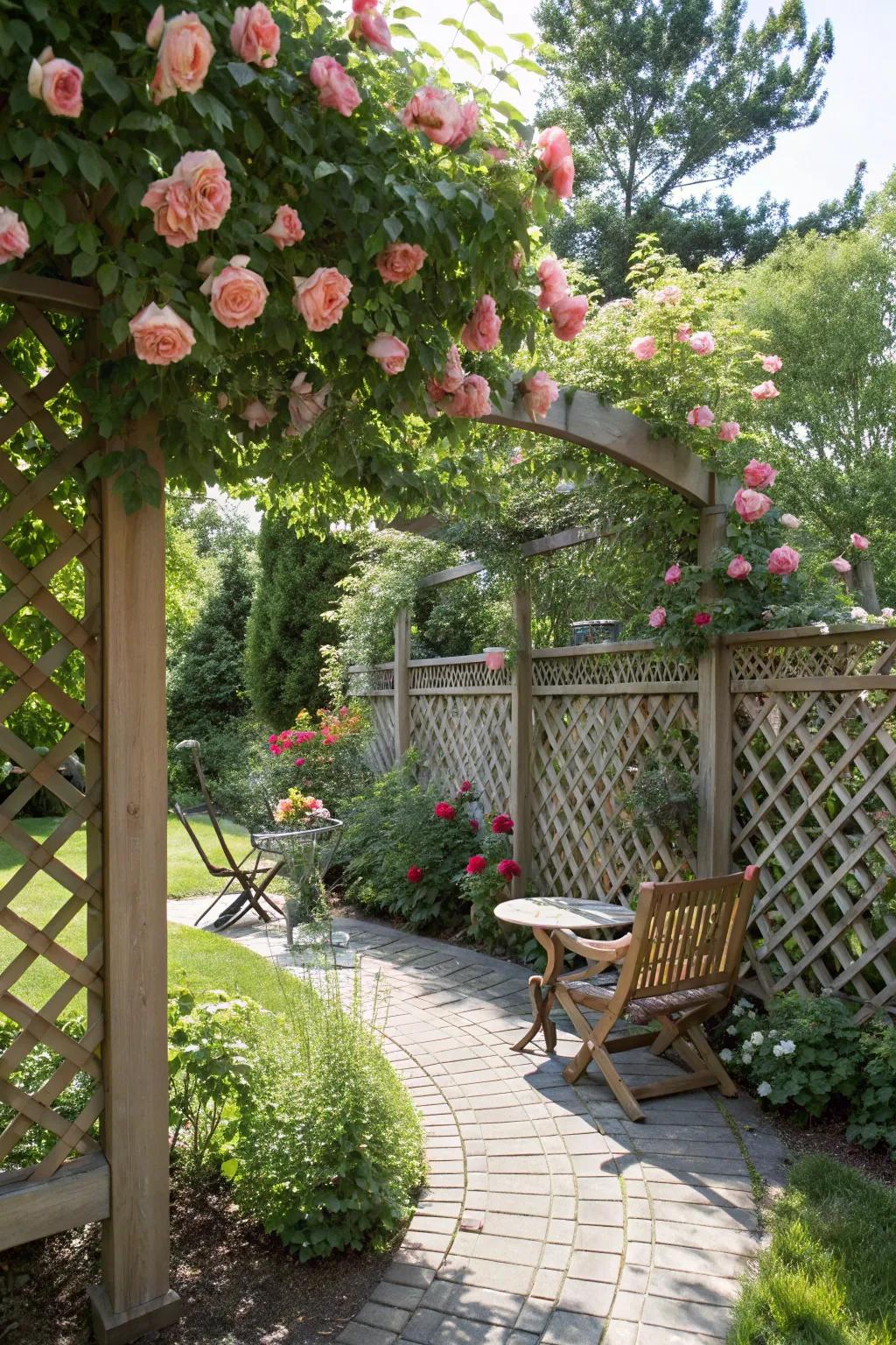 Lattice fences bring elegance and support climbing plants.