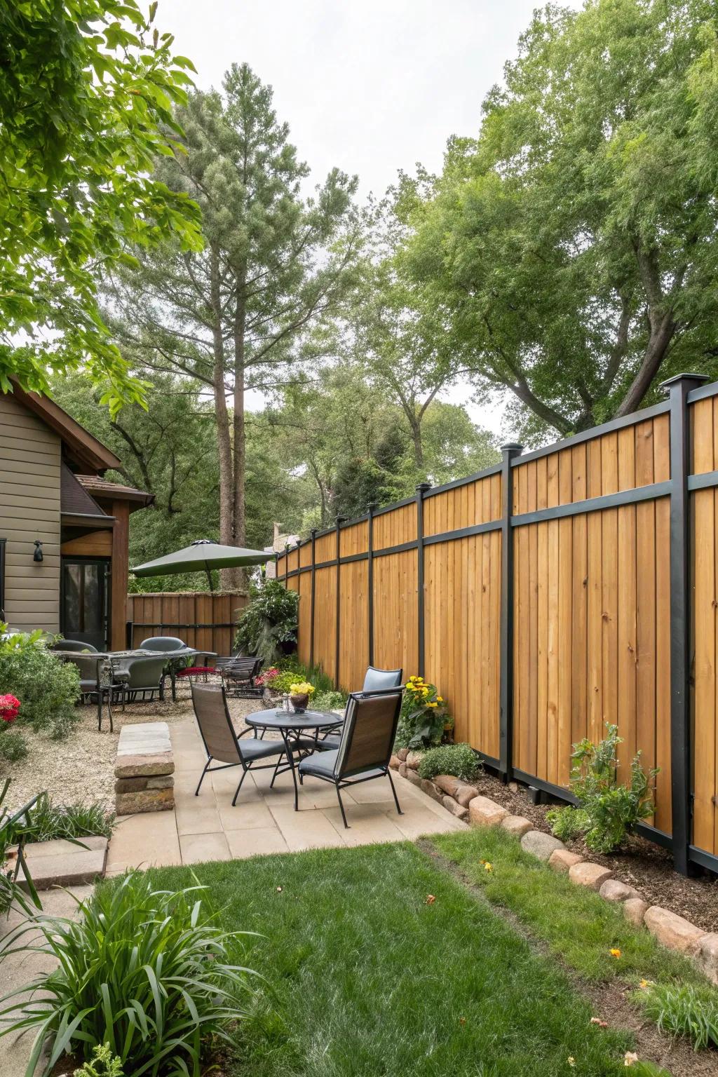 A sleek wood and metal hybrid fence for a modern touch.