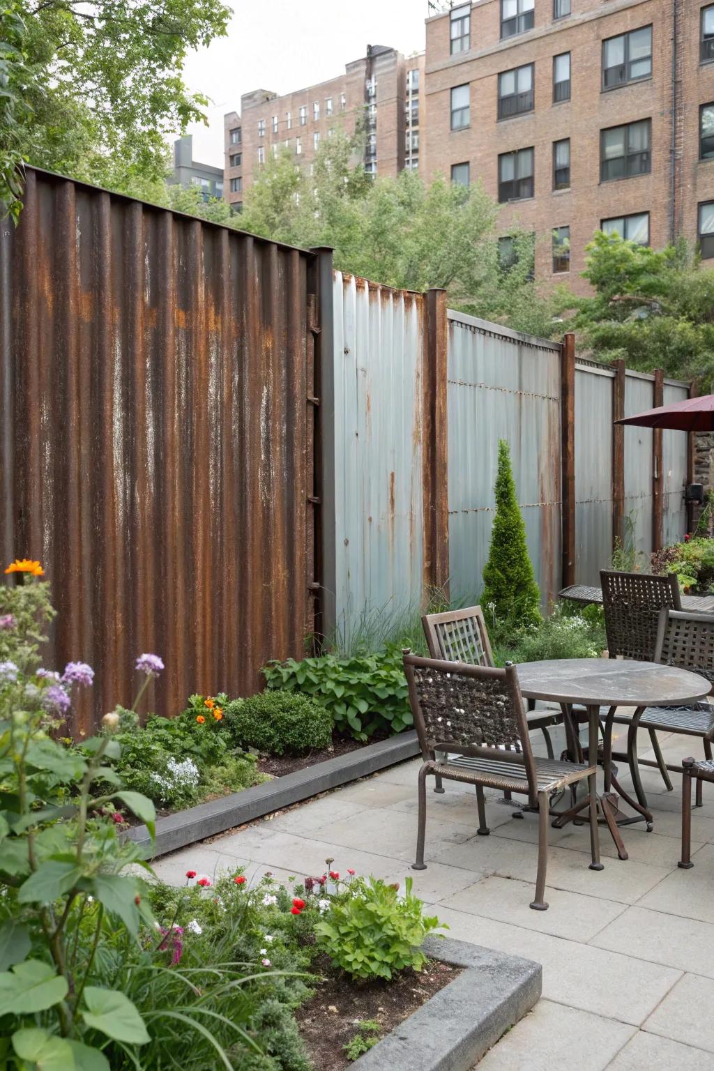 Metal sheet fencing adds a modern, edgy touch.