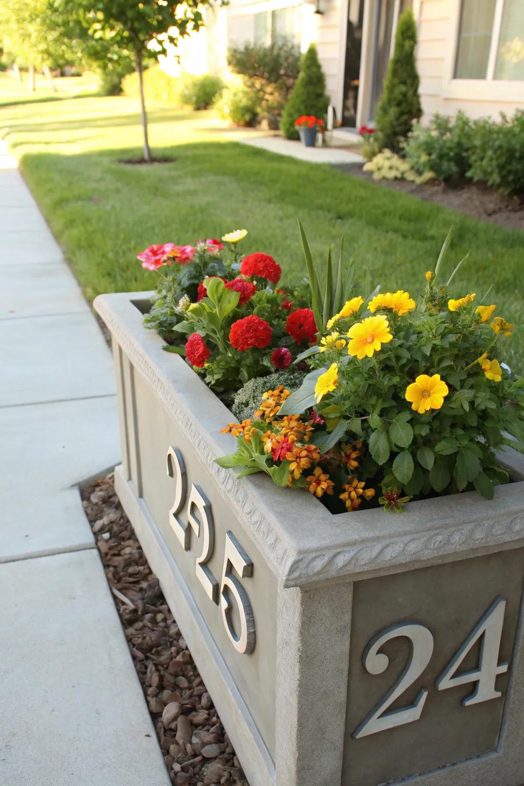 An address planter box with house numbers and vibrant flowers for a welcoming touch.
