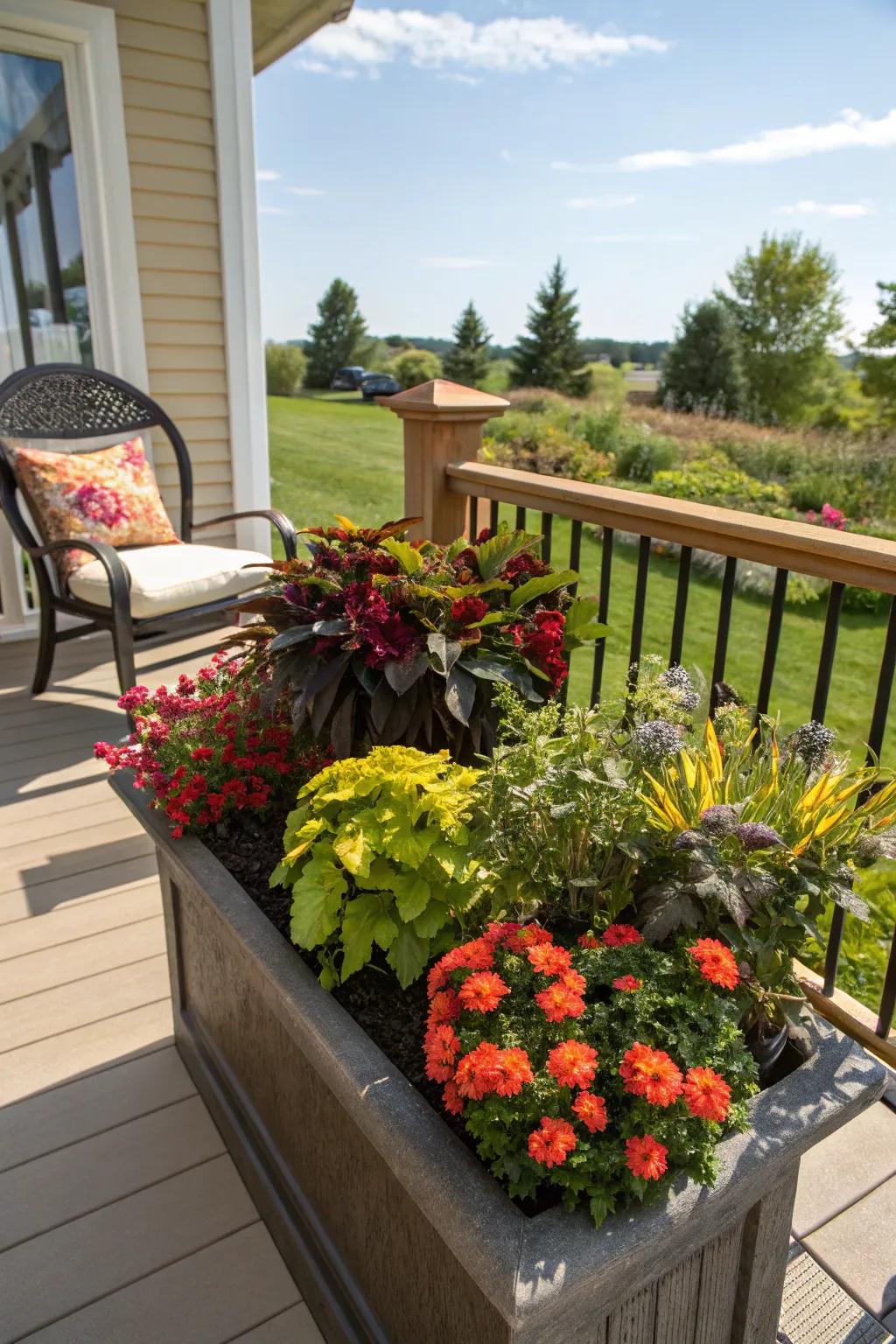 A seasonal planter box with flowers and foliage, reflecting the vibrant colors of the season.