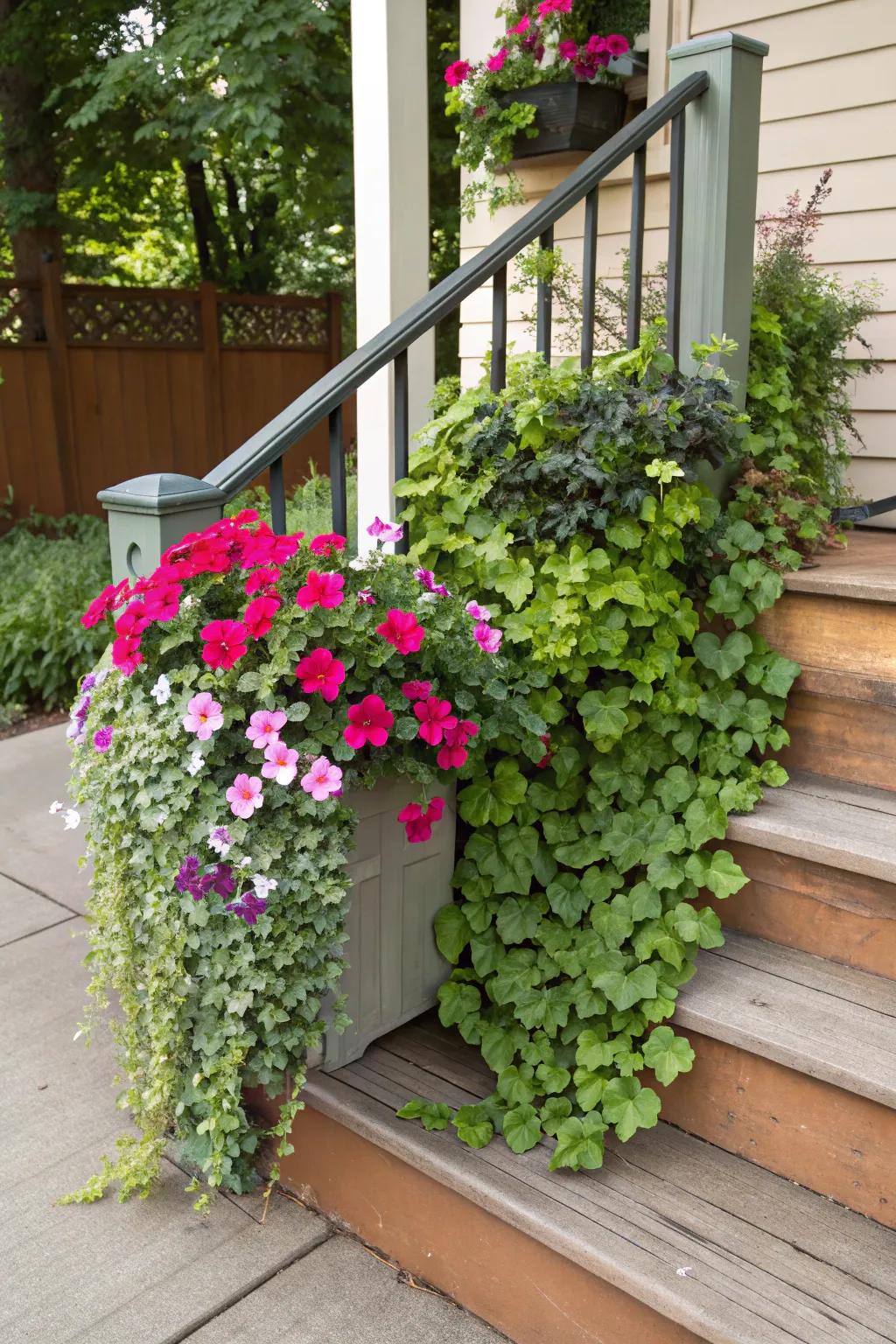 A planter box with cascading flowers, adding drama and a lush effect to the front porch.